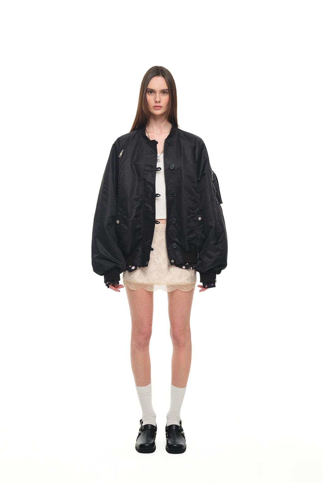 FLORAL TRIMMING BOMBER JACKET (BLACK)