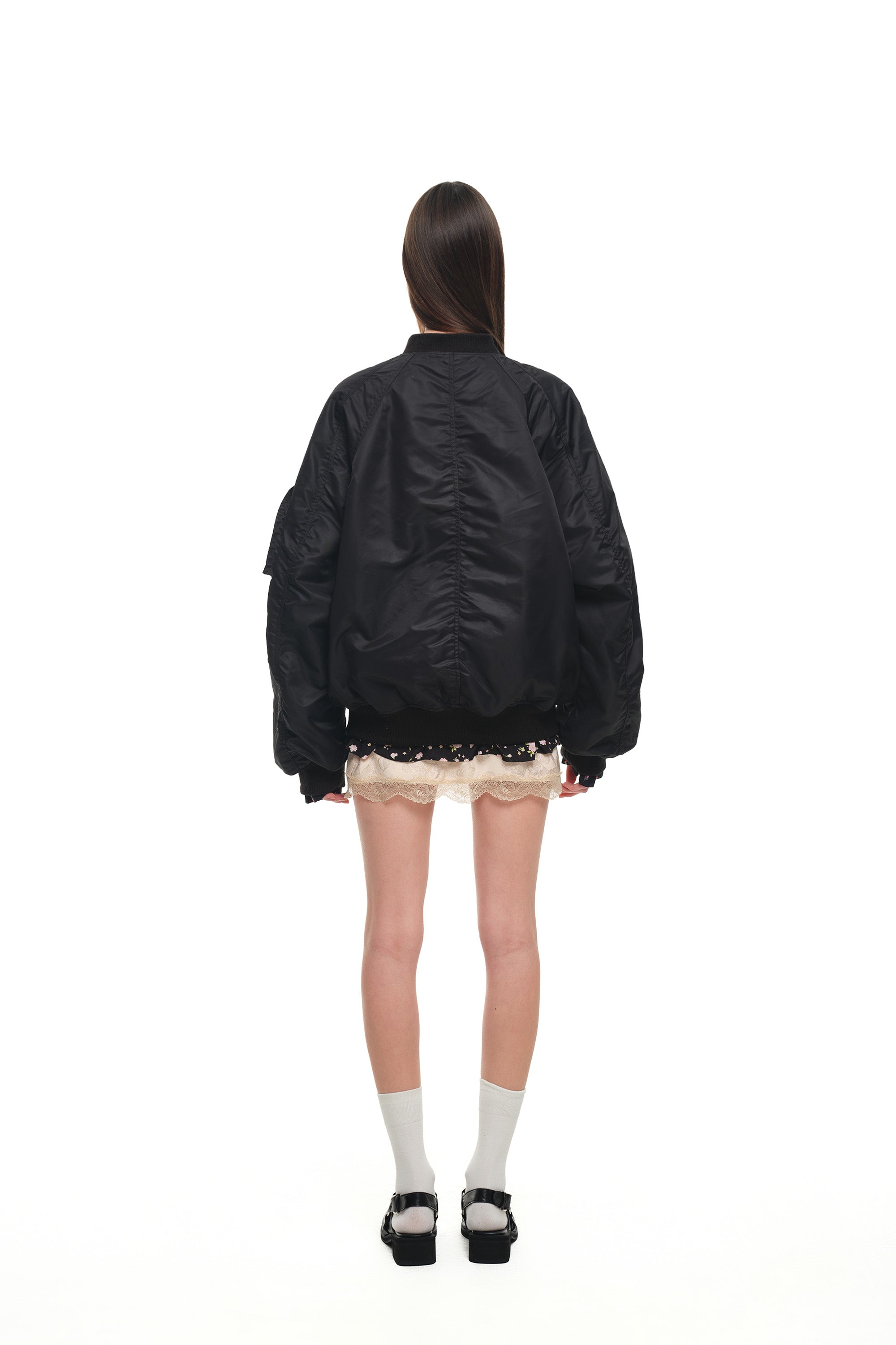 FLORAL TRIMMING BOMBER JACKET (BLACK)