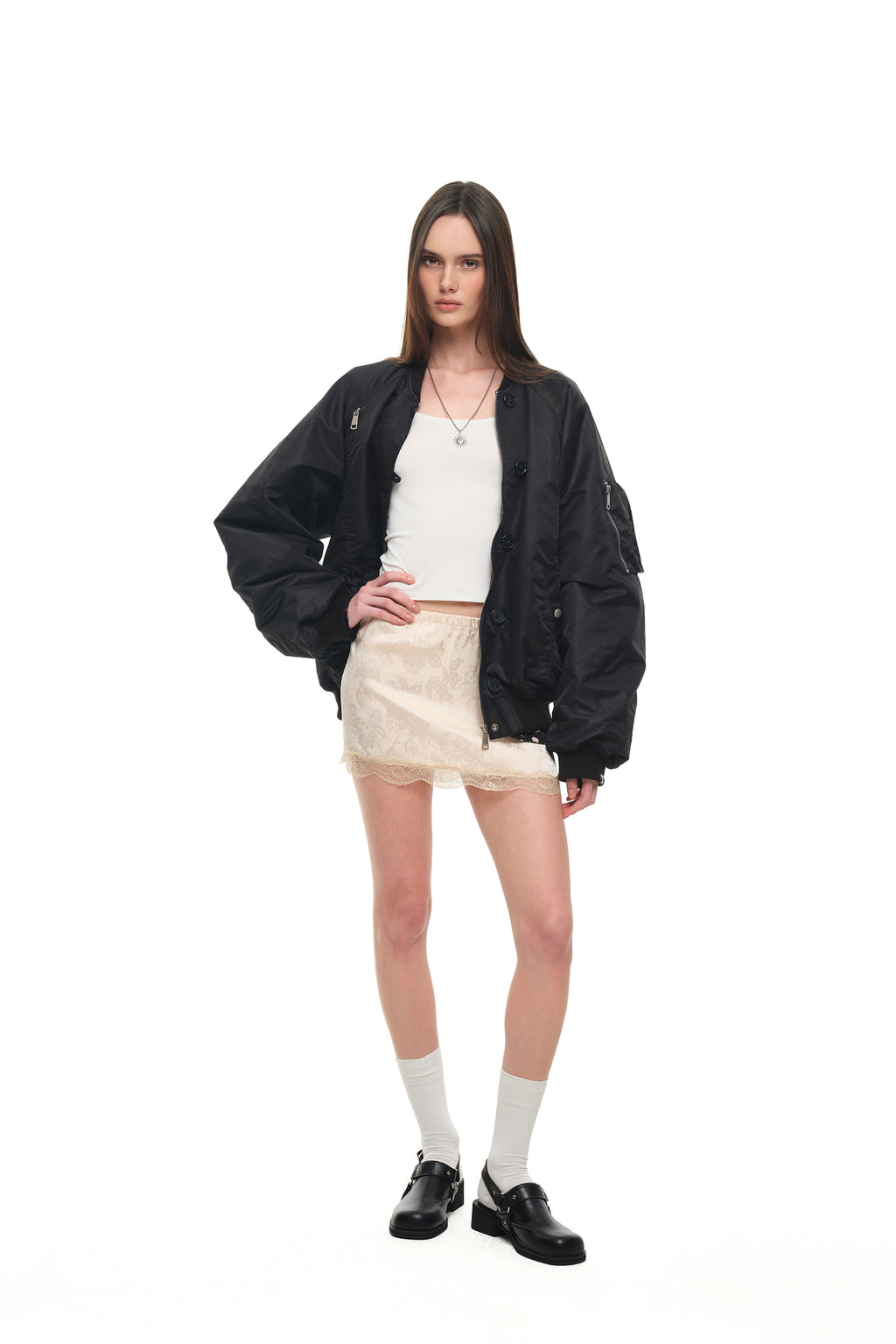 FLORAL TRIMMING BOMBER JACKET (BLACK)