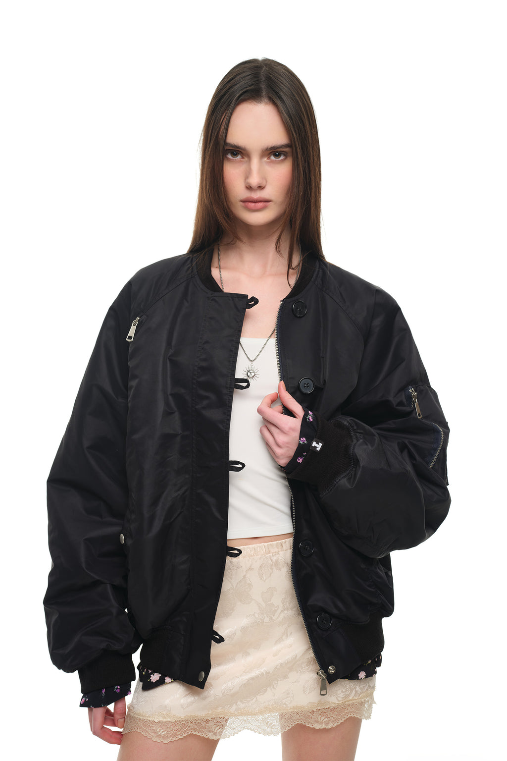 FLORAL TRIMMING BOMBER JACKET (BLACK)