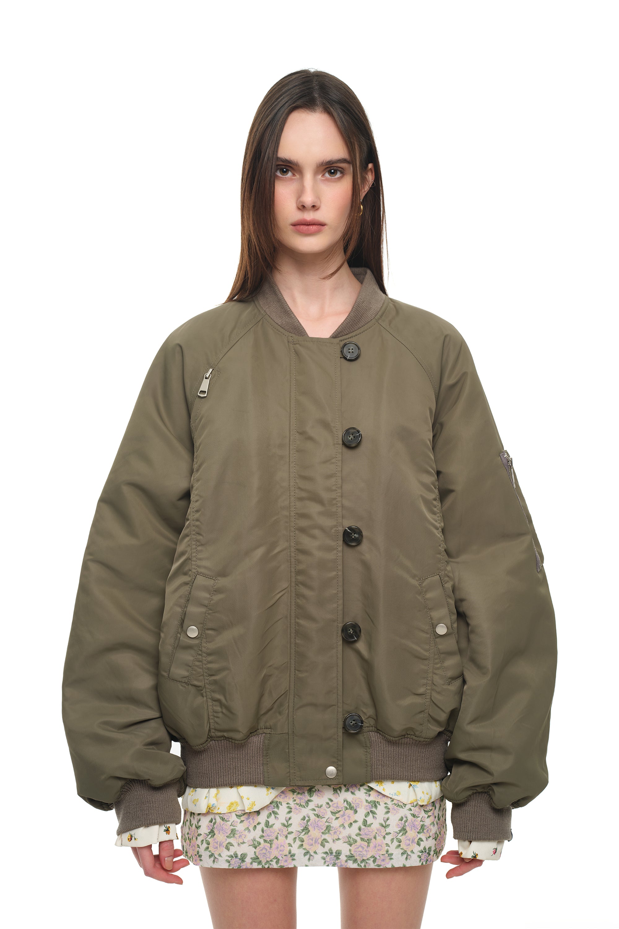 FLORAL TRIMMING BOMBER JACKET (KHAKI)