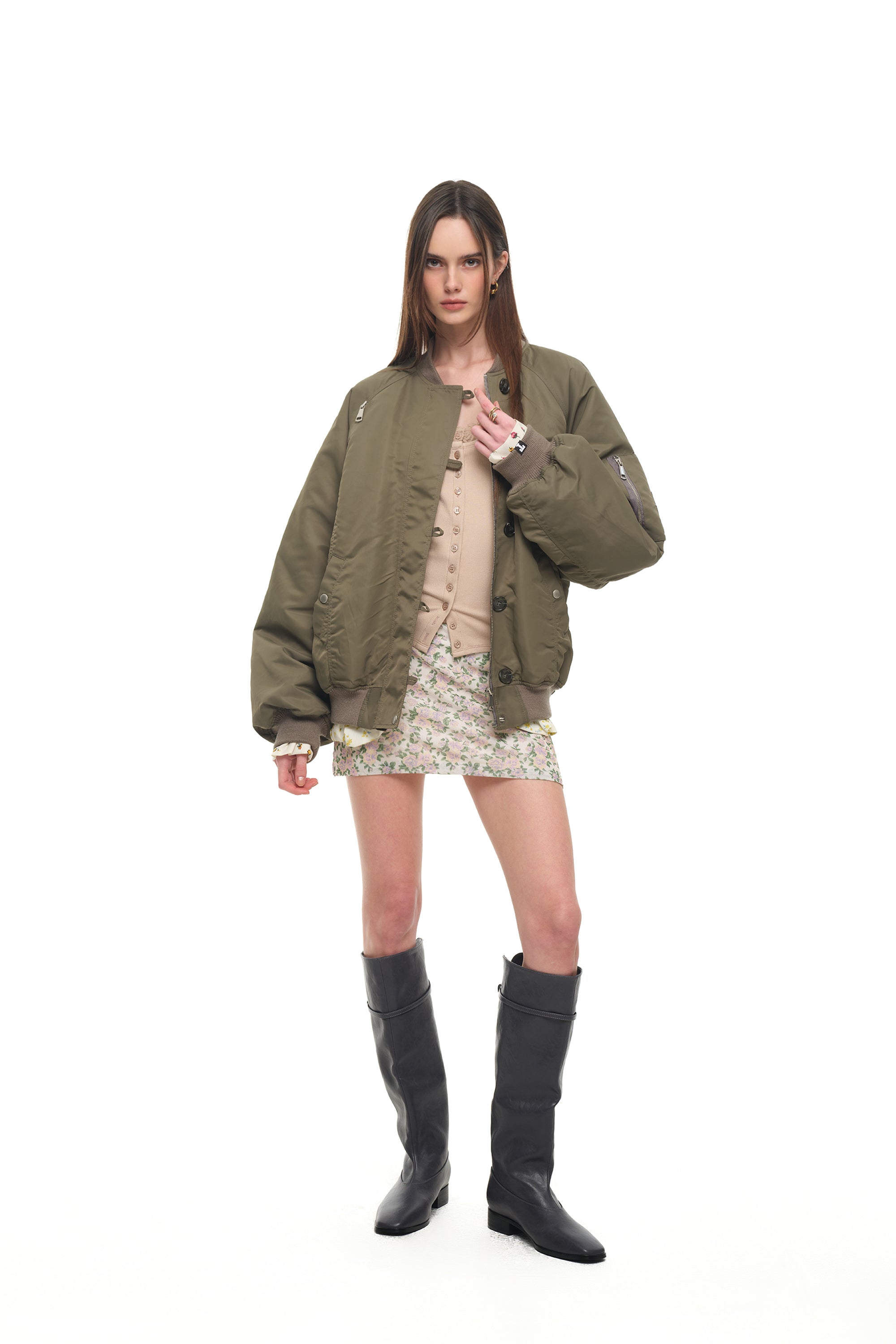 FLORAL TRIMMING BOMBER JACKET (KHAKI)