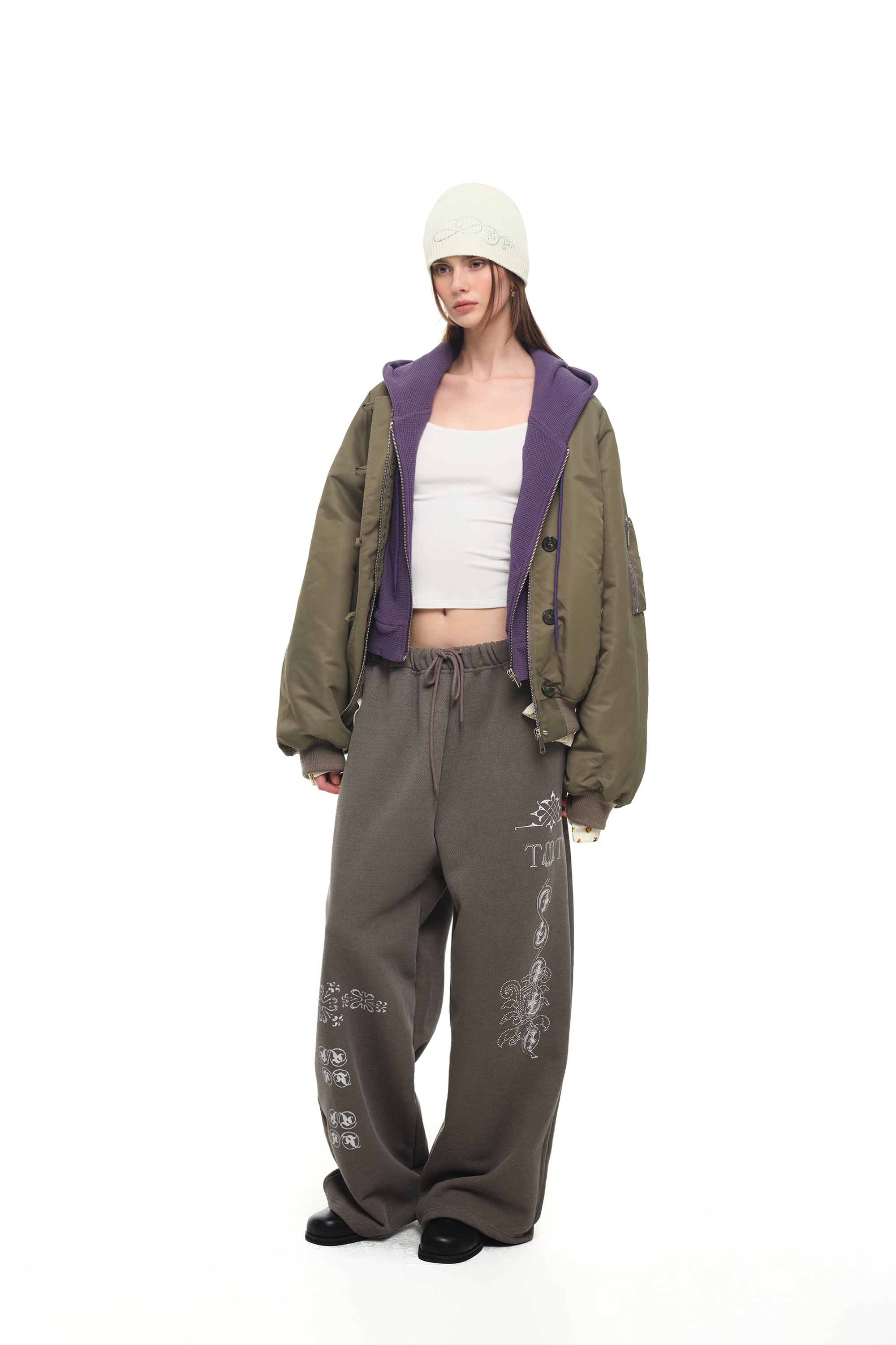 FLORAL TRIMMING BOMBER JACKET (KHAKI)
