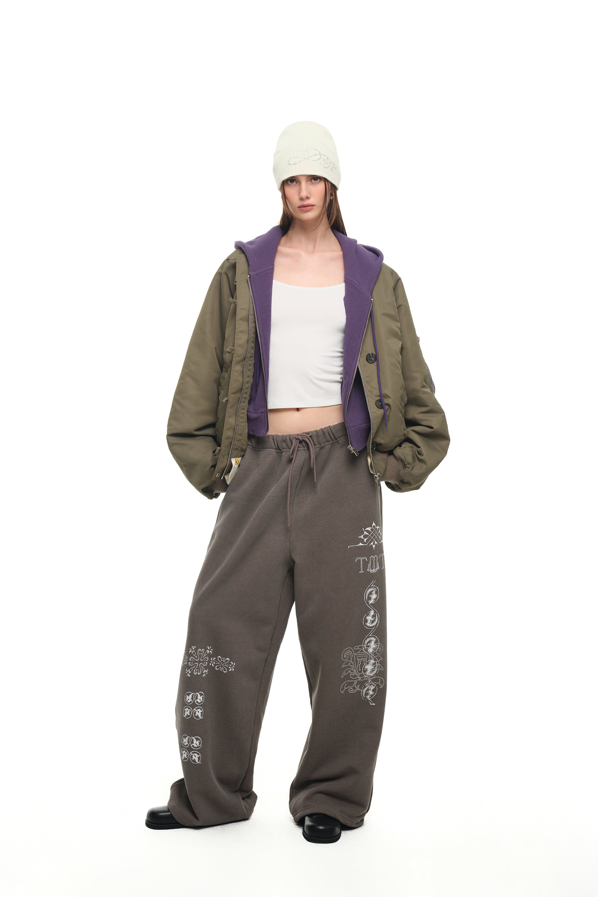 FLORAL TRIMMING BOMBER JACKET (KHAKI)