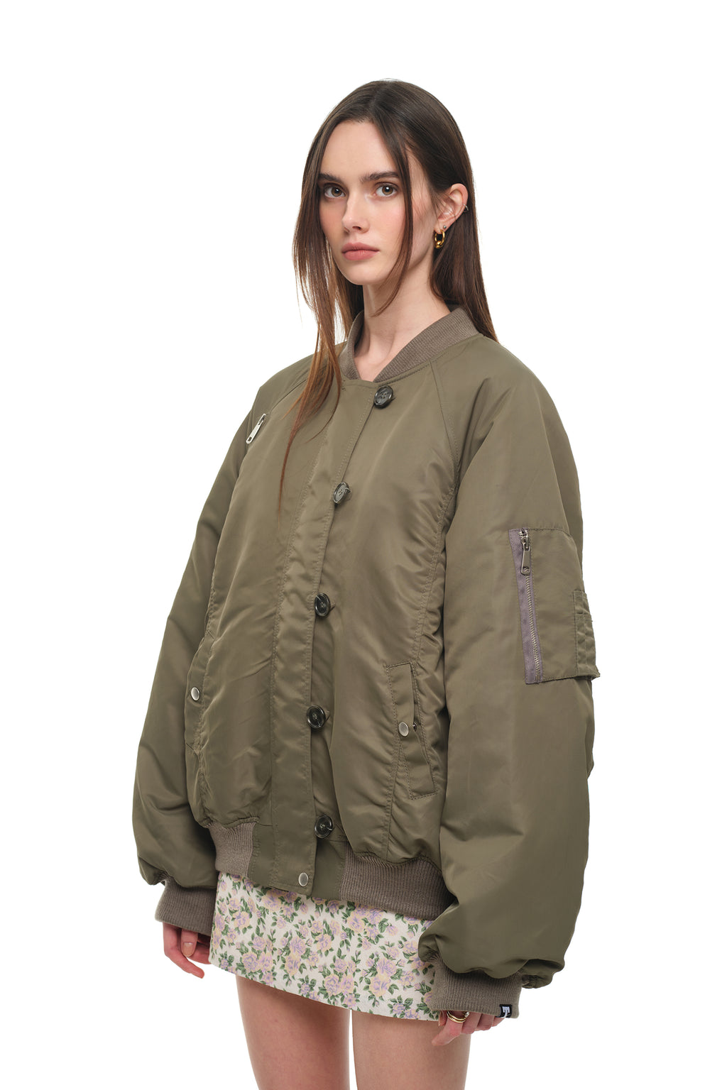 FLORAL TRIMMING BOMBER JACKET (KHAKI)