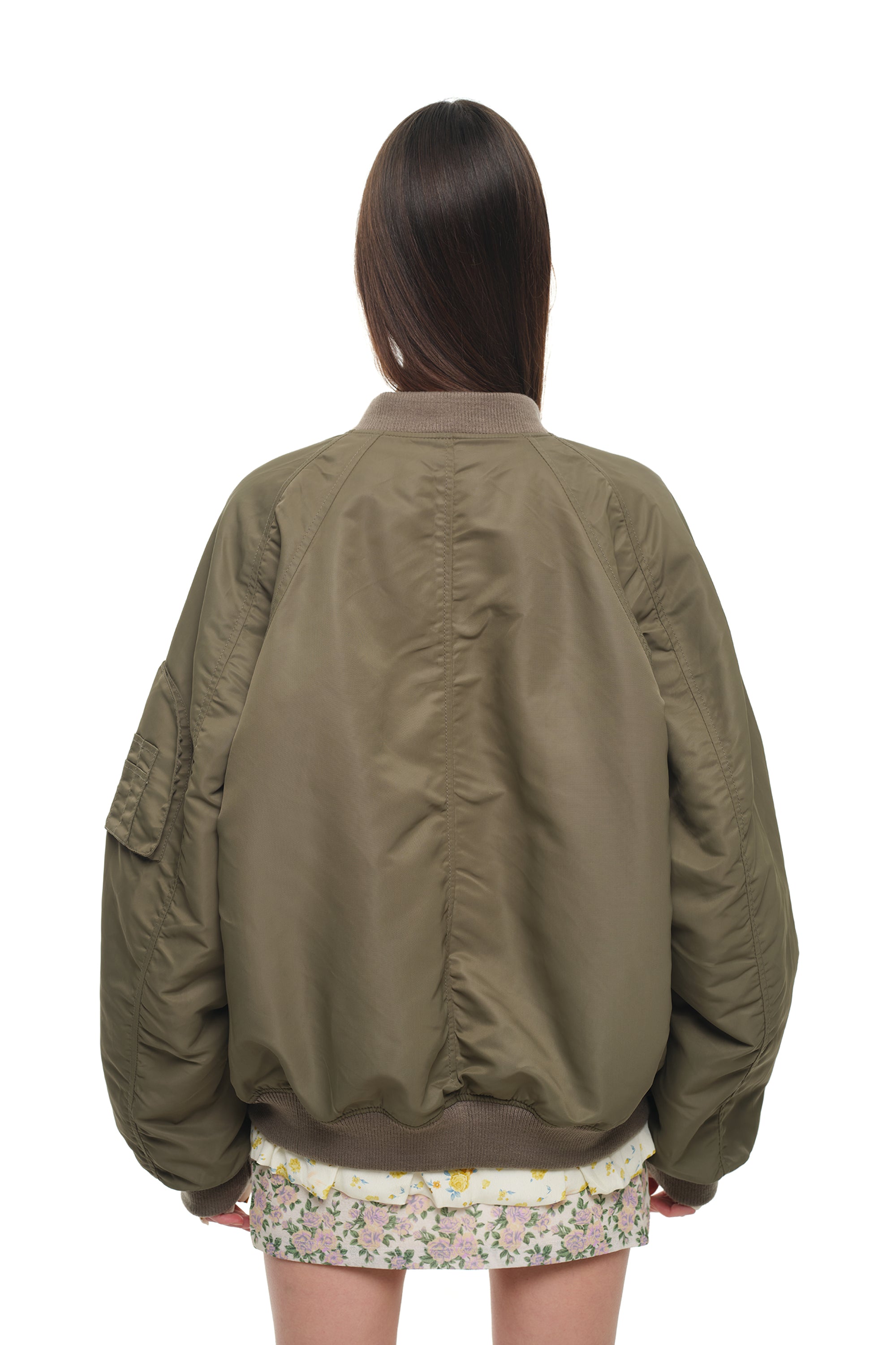 FLORAL TRIMMING BOMBER JACKET (KHAKI)