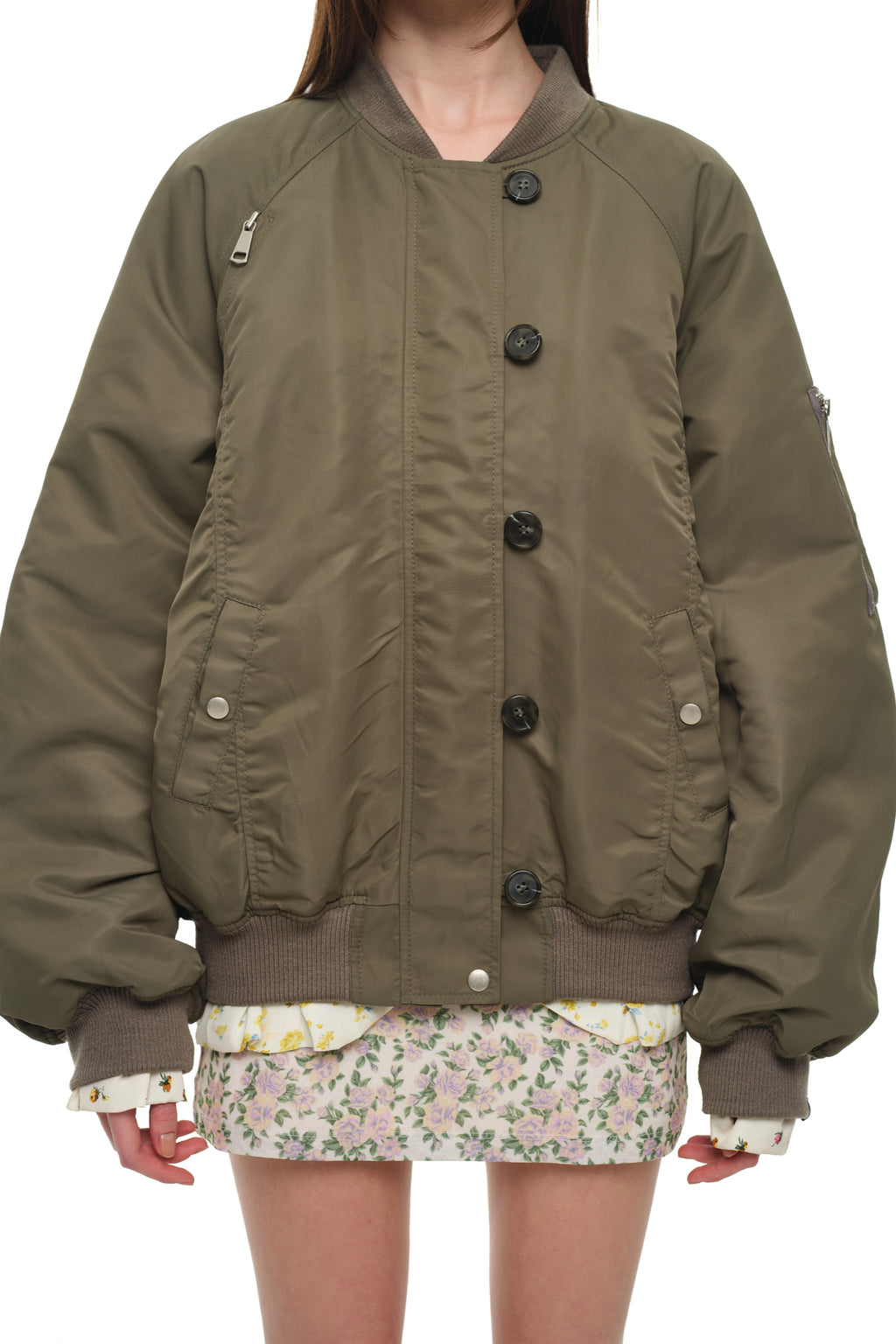 FLORAL TRIMMING BOMBER JACKET (KHAKI)