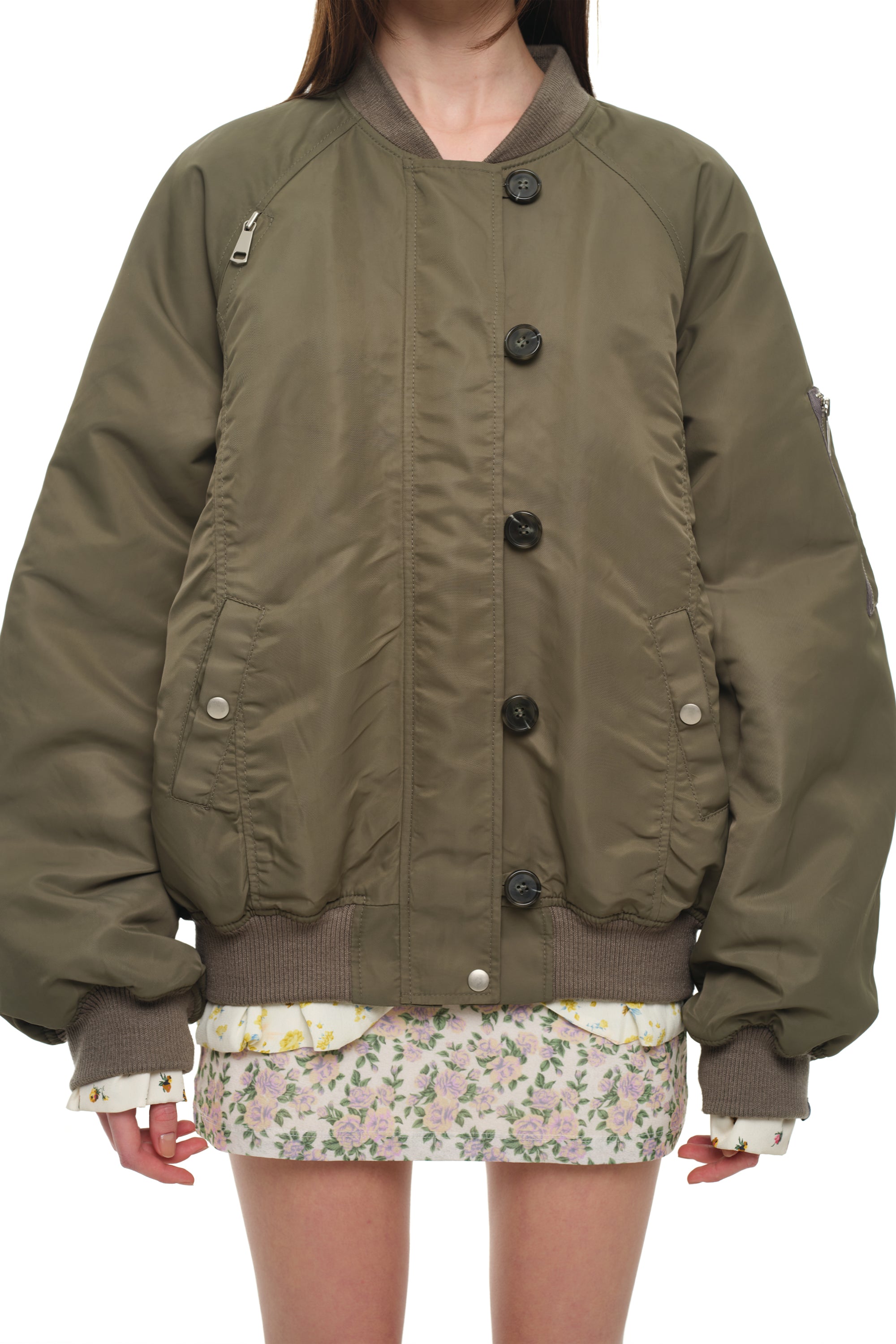 FLORAL TRIMMING BOMBER JACKET (KHAKI)