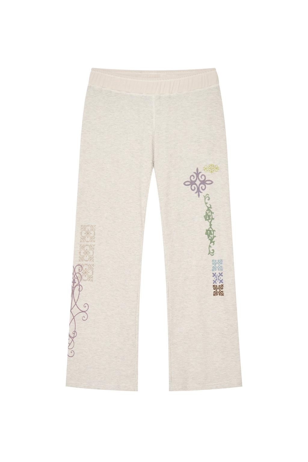 FOLK PATTERN SLIM-FIT WAFFLE PANTS (IVORY)