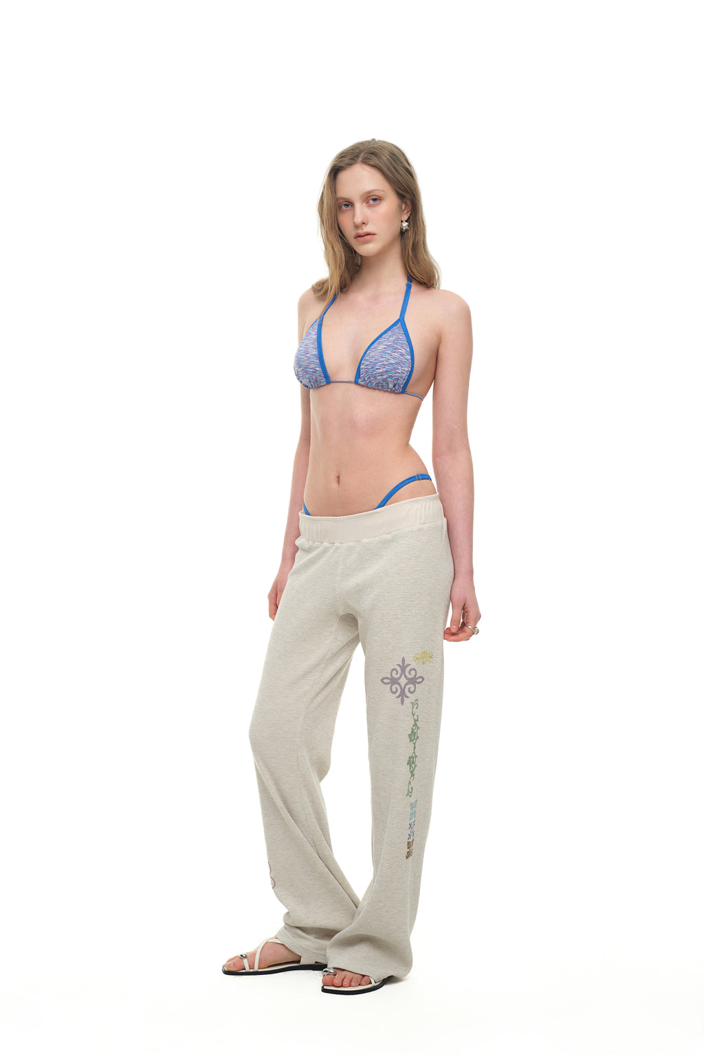 FOLK PATTERN SLIM-FIT WAFFLE PANTS (IVORY)