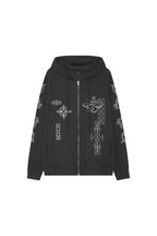 FOLK PATTERN WAFFLE ZIP-UP HOODIE (CHARCOAL)
