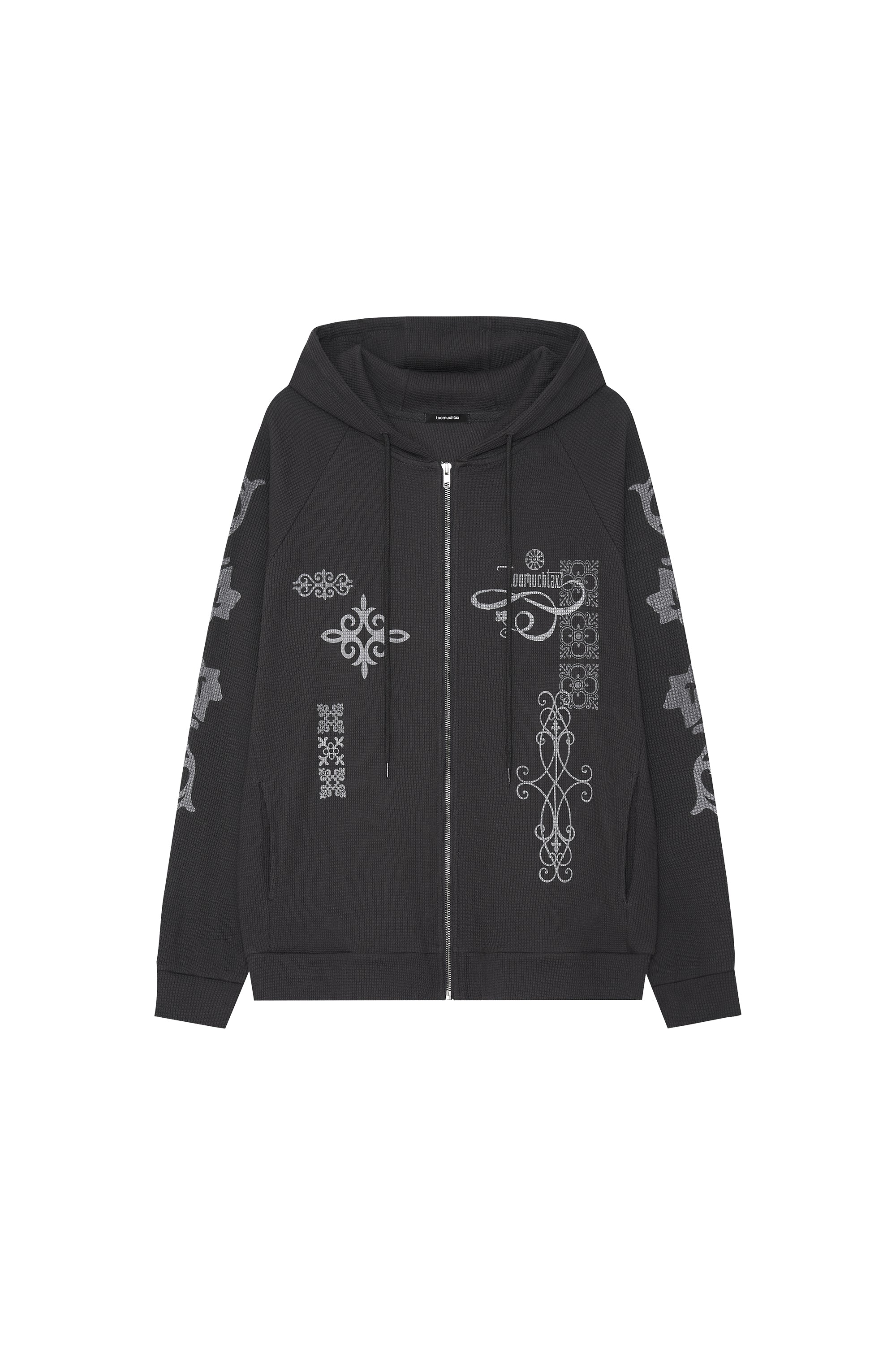 FOLK PATTERN WAFFLE ZIP-UP HOODIE (CHARCOAL)
