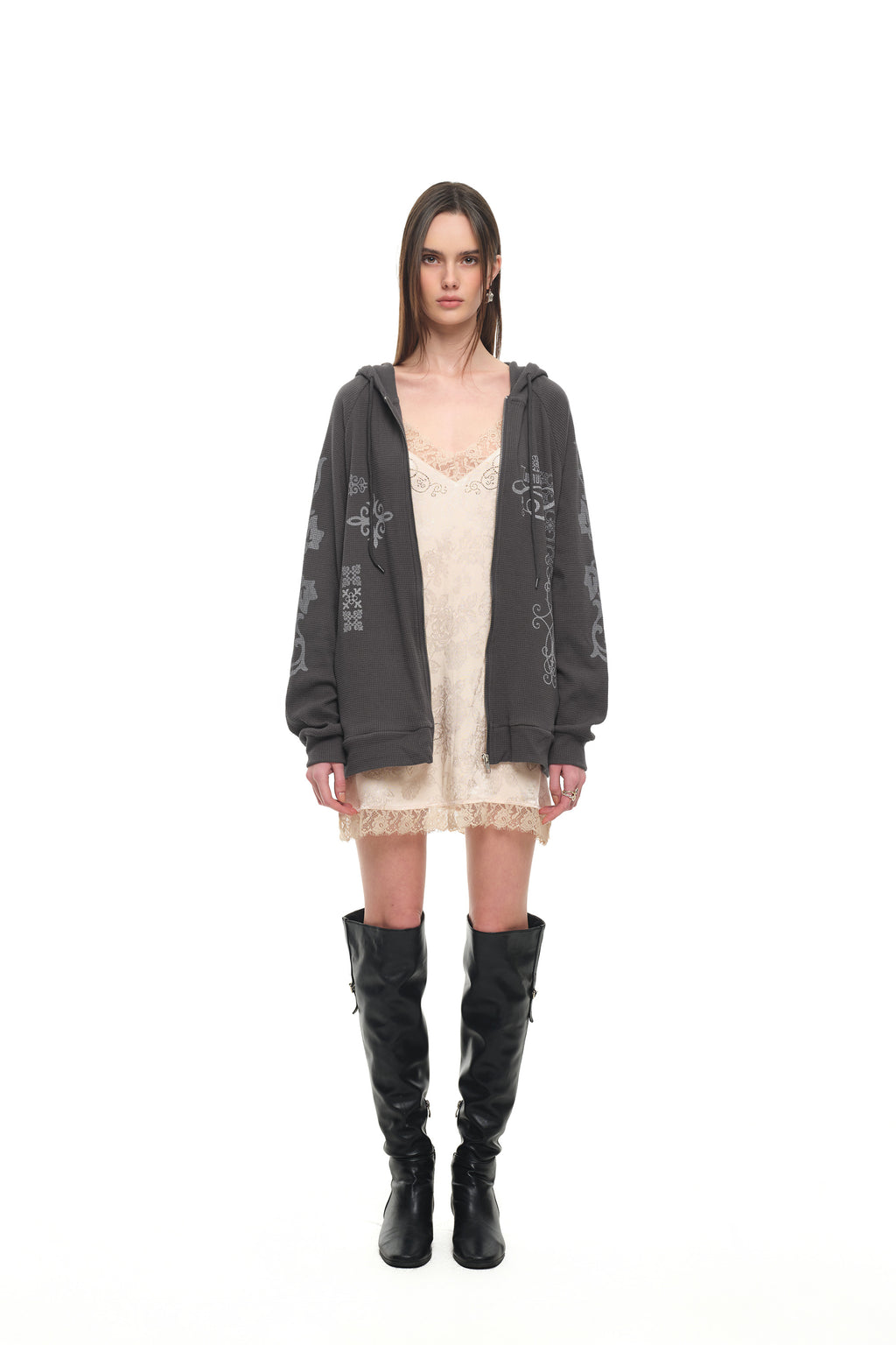FOLK PATTERN WAFFLE ZIP-UP HOODIE (CHARCOAL)