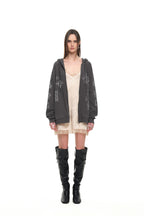 FOLK PATTERN WAFFLE ZIP-UP HOODIE (CHARCOAL)
