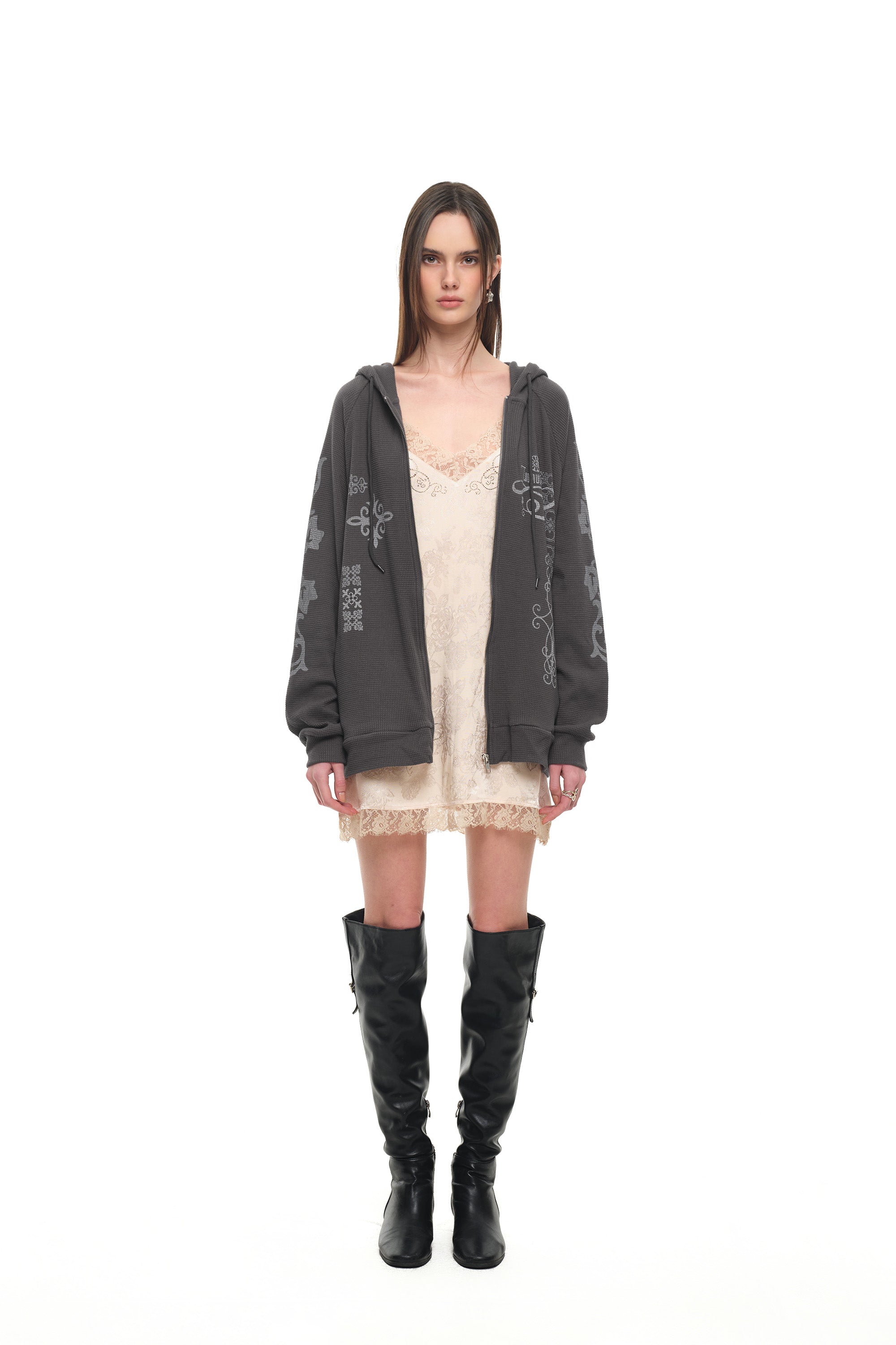 FOLK PATTERN WAFFLE ZIP-UP HOODIE (CHARCOAL)