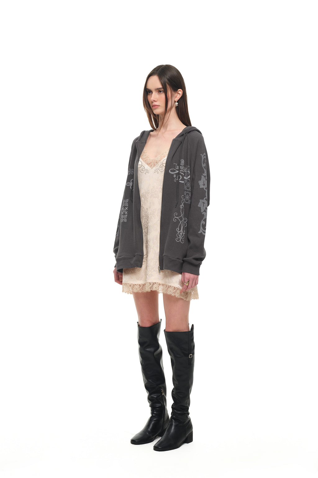 FOLK PATTERN WAFFLE ZIP-UP HOODIE (CHARCOAL)