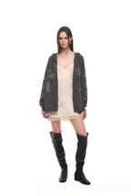 FOLK PATTERN WAFFLE ZIP-UP HOODIE (CHARCOAL)
