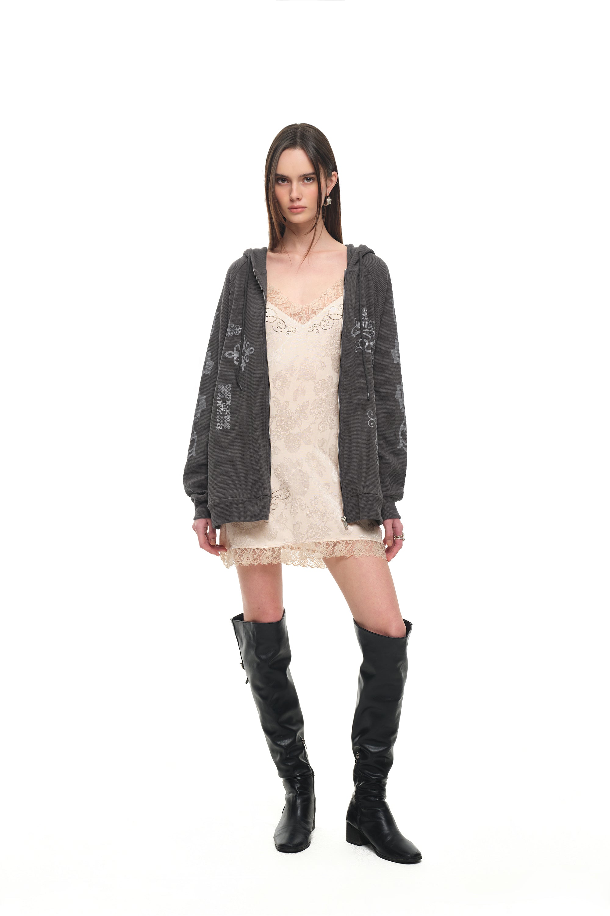 FOLK PATTERN WAFFLE ZIP-UP HOODIE (CHARCOAL)