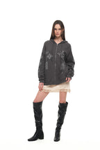 FOLK PATTERN WAFFLE ZIP-UP HOODIE (CHARCOAL)