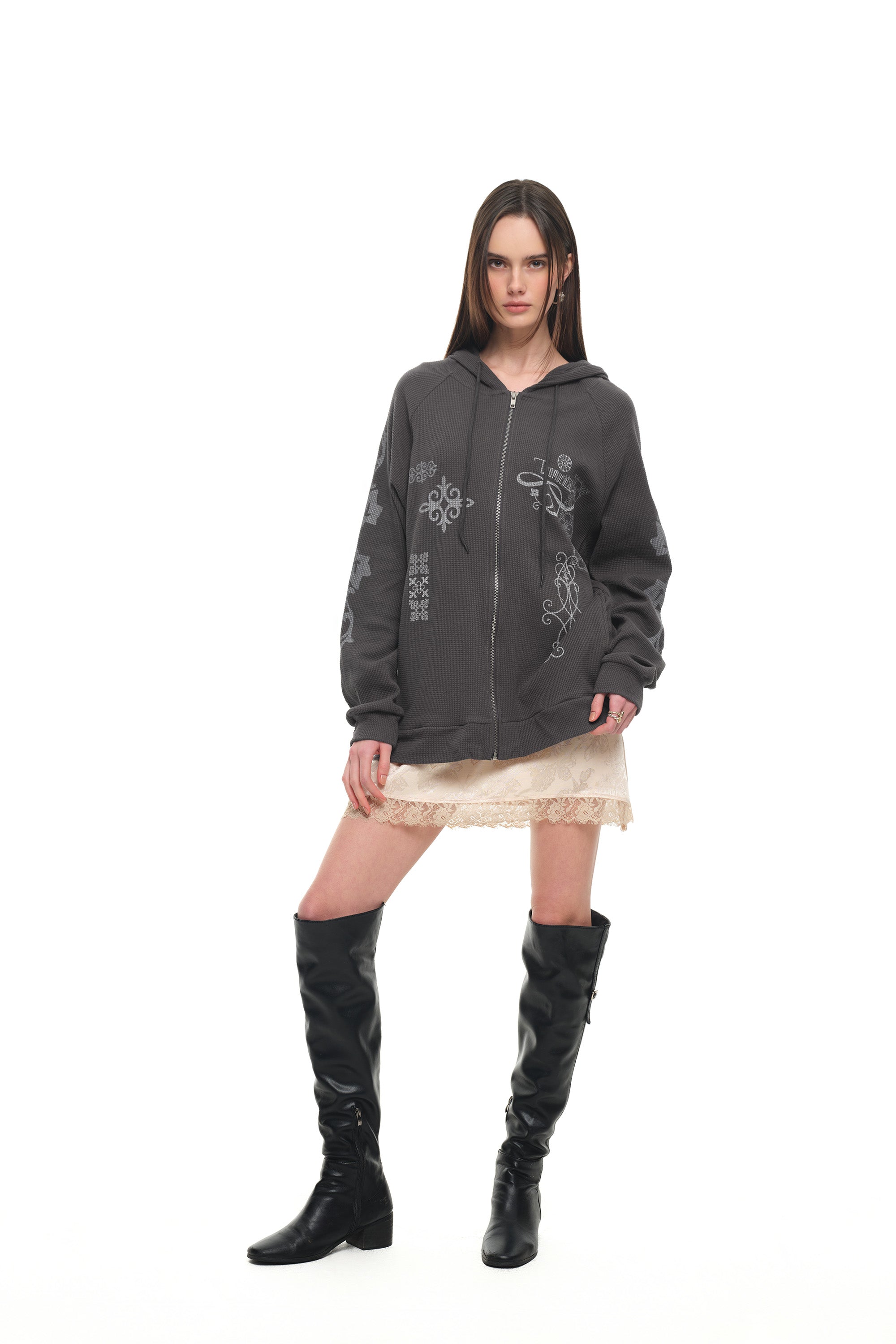 FOLK PATTERN WAFFLE ZIP-UP HOODIE (CHARCOAL)