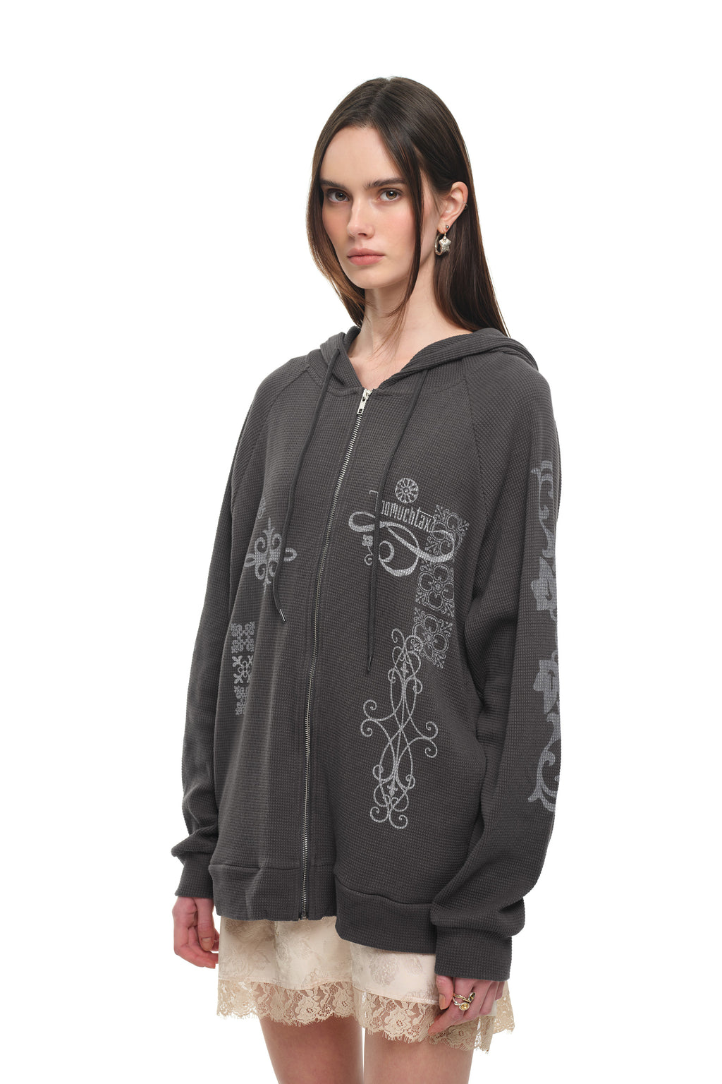 FOLK PATTERN WAFFLE ZIP-UP HOODIE (CHARCOAL)