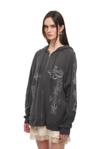 FOLK PATTERN WAFFLE ZIP-UP HOODIE (CHARCOAL)