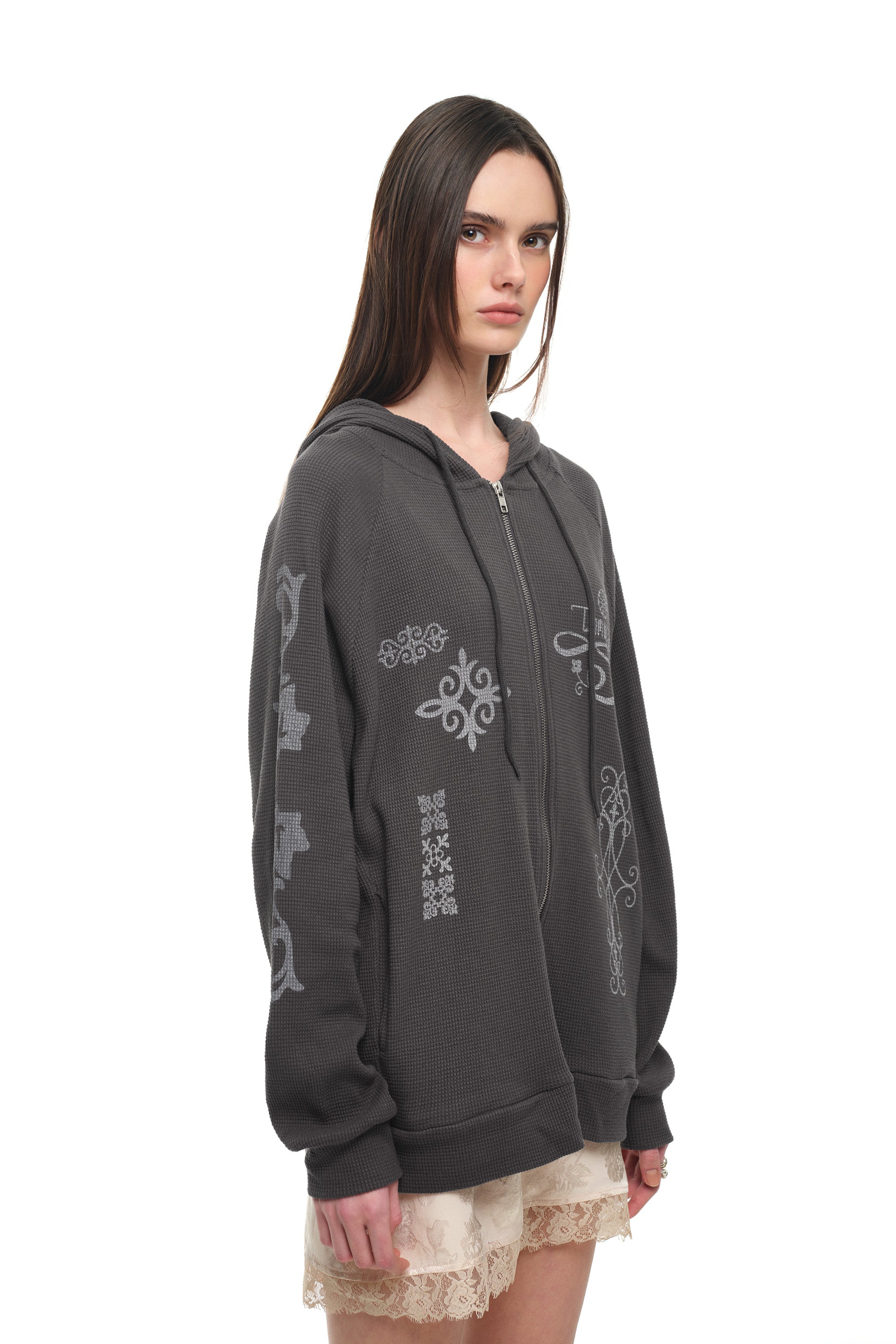 FOLK PATTERN WAFFLE ZIP-UP HOODIE (CHARCOAL)