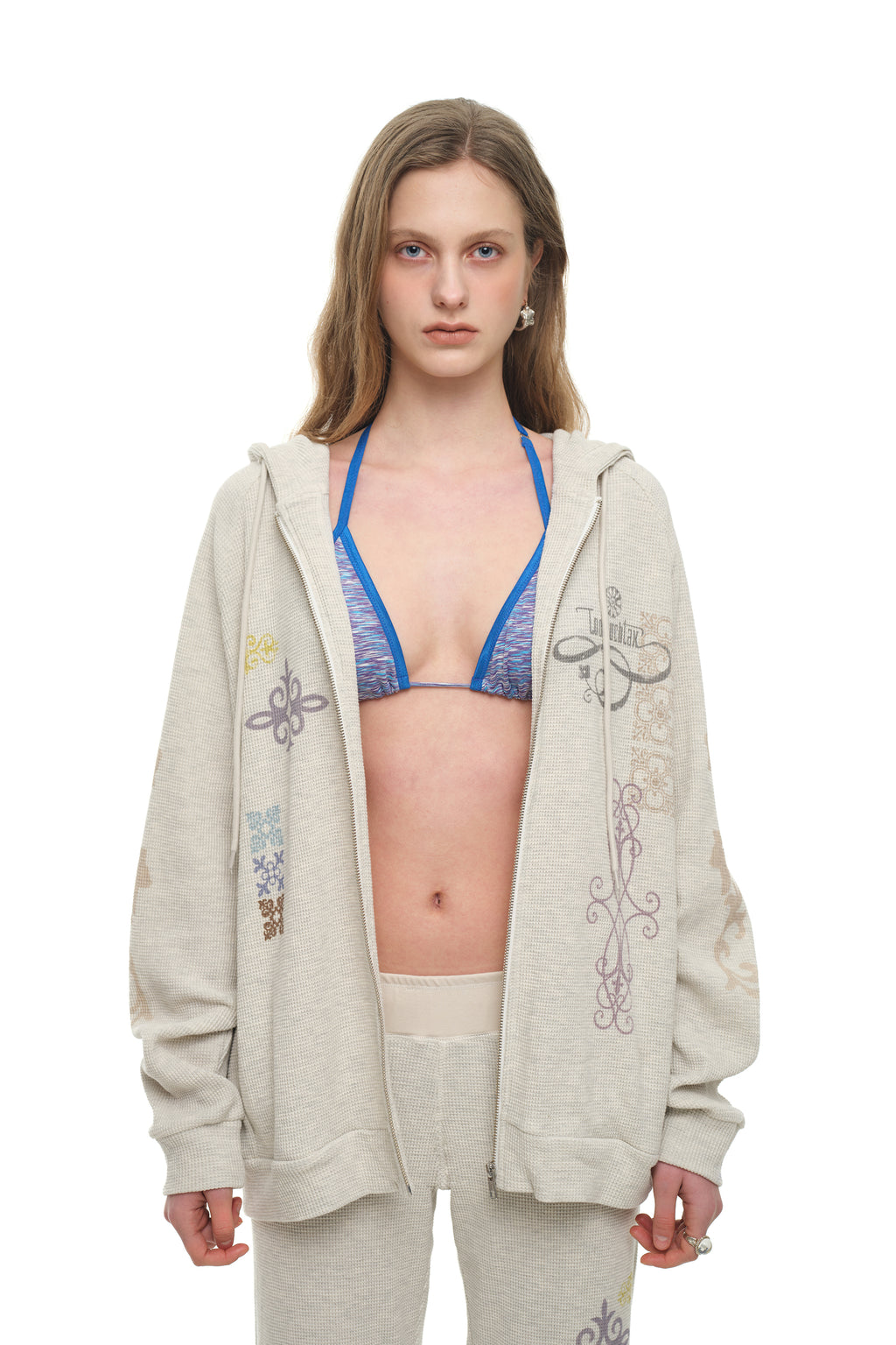 FOLK PATTERN WAFFLE ZIP-UP HOODIE (IVORY)