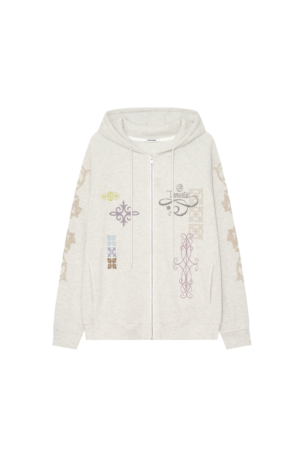 FOLK PATTERN WAFFLE ZIP-UP HOODIE (IVORY)