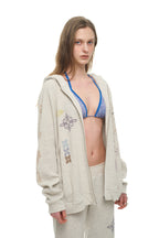 FOLK PATTERN WAFFLE ZIP-UP HOODIE (IVORY)