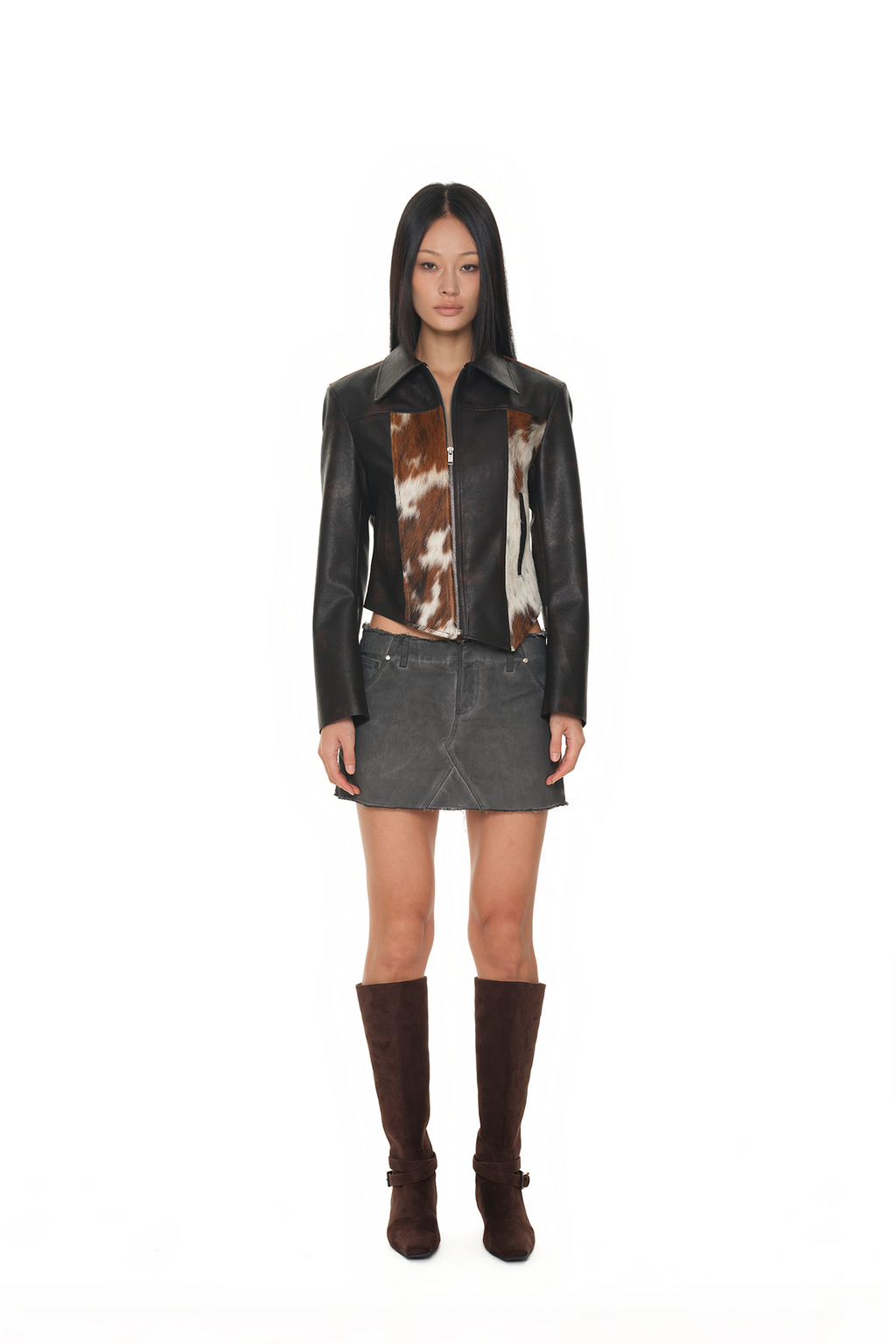 HAIRY LEATHER ASYMMETRIC JACKET (BROWN)