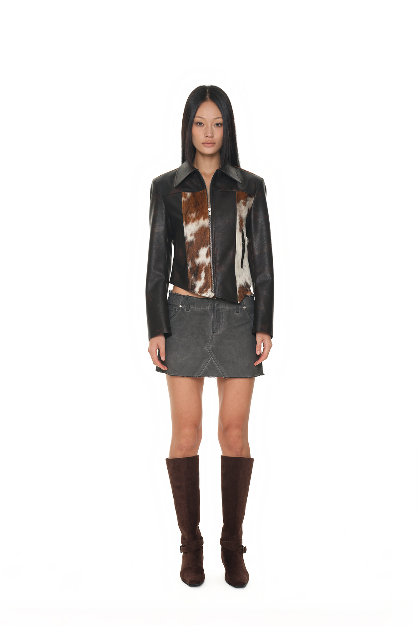 HAIRY LEATHER ASYMMETRIC JACKET (BROWN)