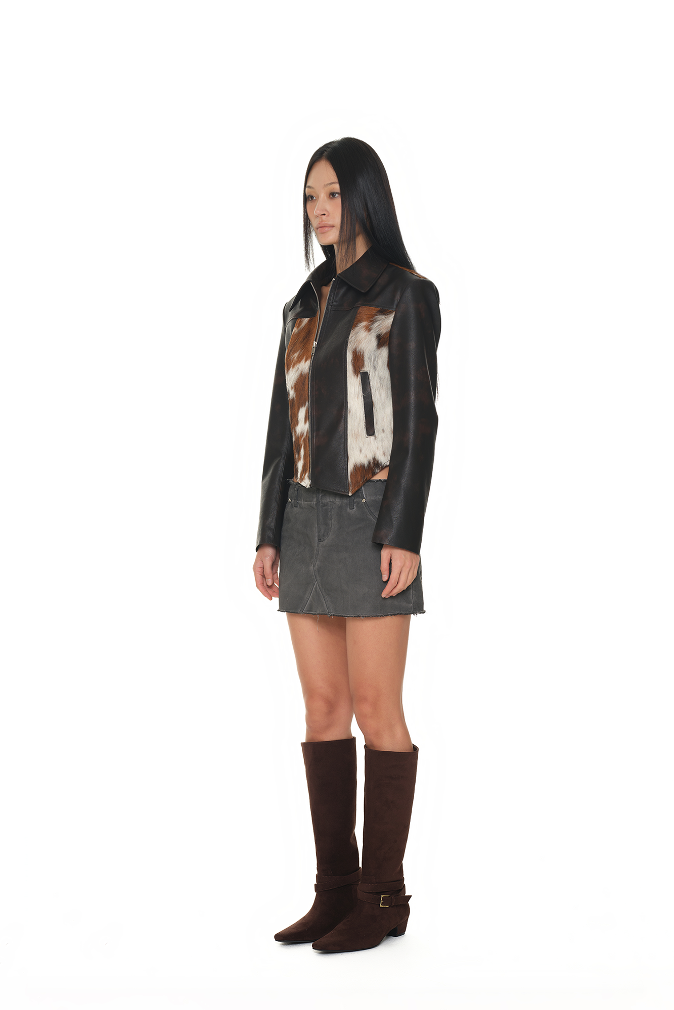 HAIRY LEATHER ASYMMETRIC JACKET (BROWN)