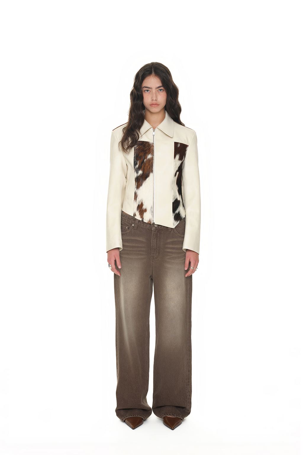 HAIRY LEATHER ASYMMETRIC JACKET (IVORY)