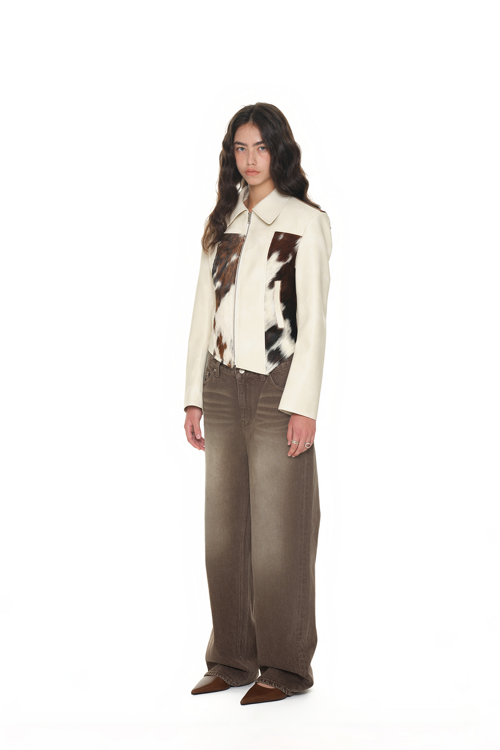 HAIRY LEATHER ASYMMETRIC JACKET (IVORY)