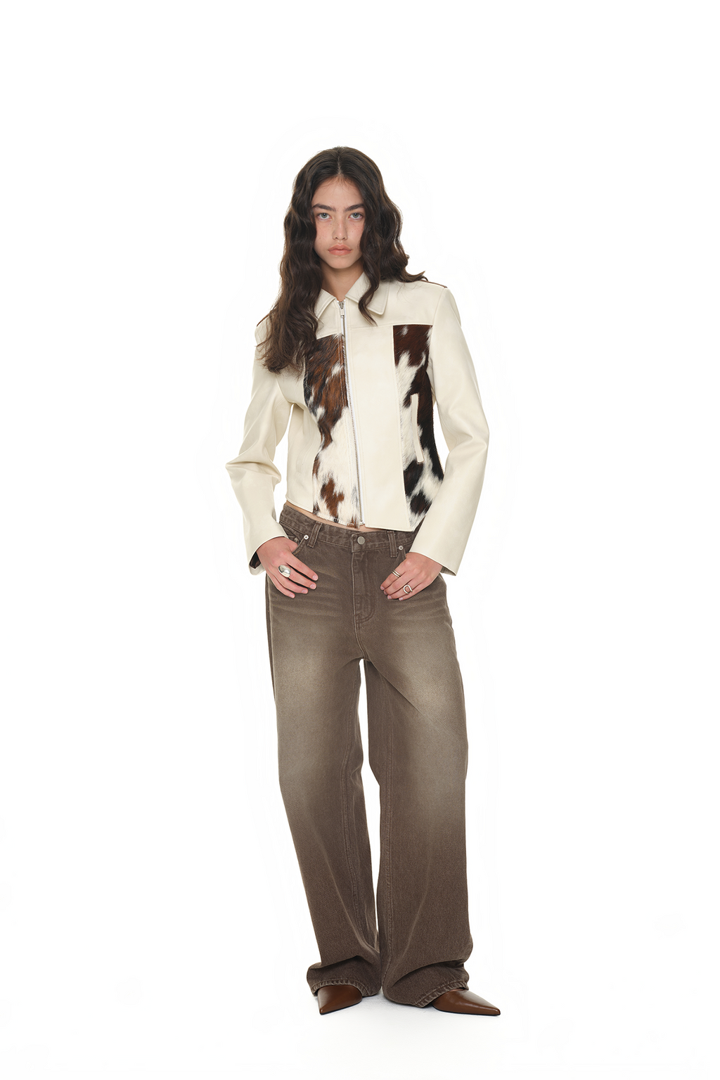 HAIRY LEATHER ASYMMETRIC JACKET (IVORY)