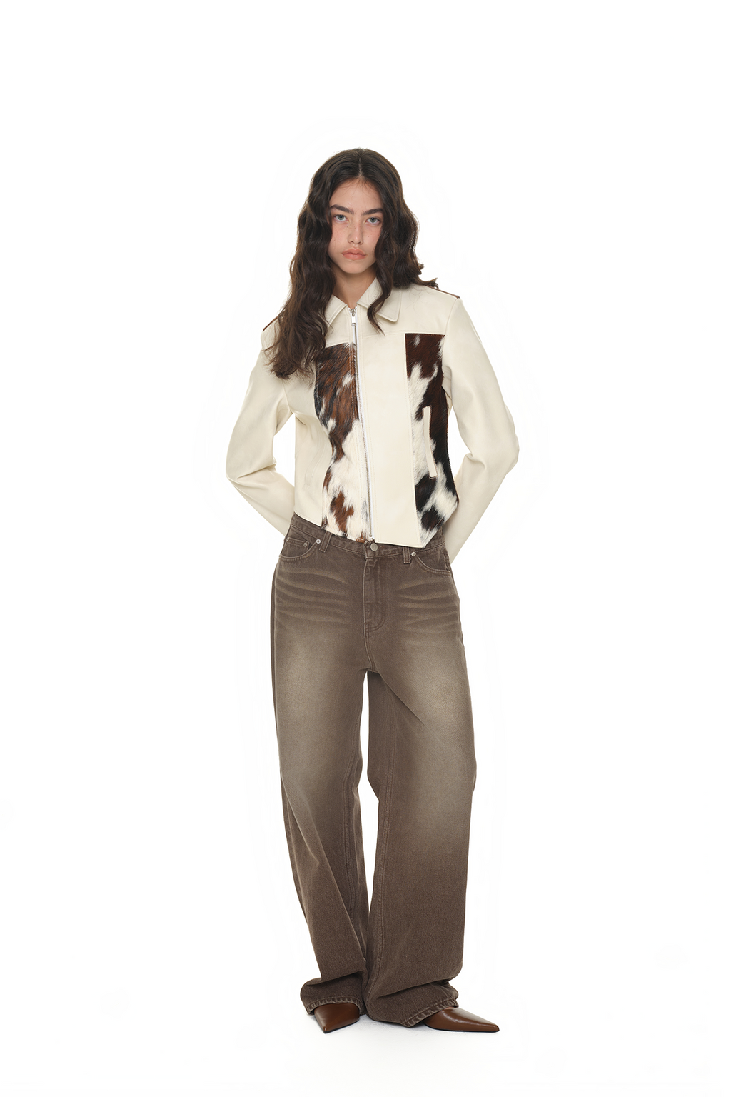 HAIRY LEATHER ASYMMETRIC JACKET (IVORY)