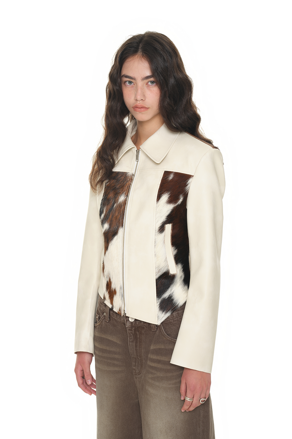 HAIRY LEATHER ASYMMETRIC JACKET (IVORY)