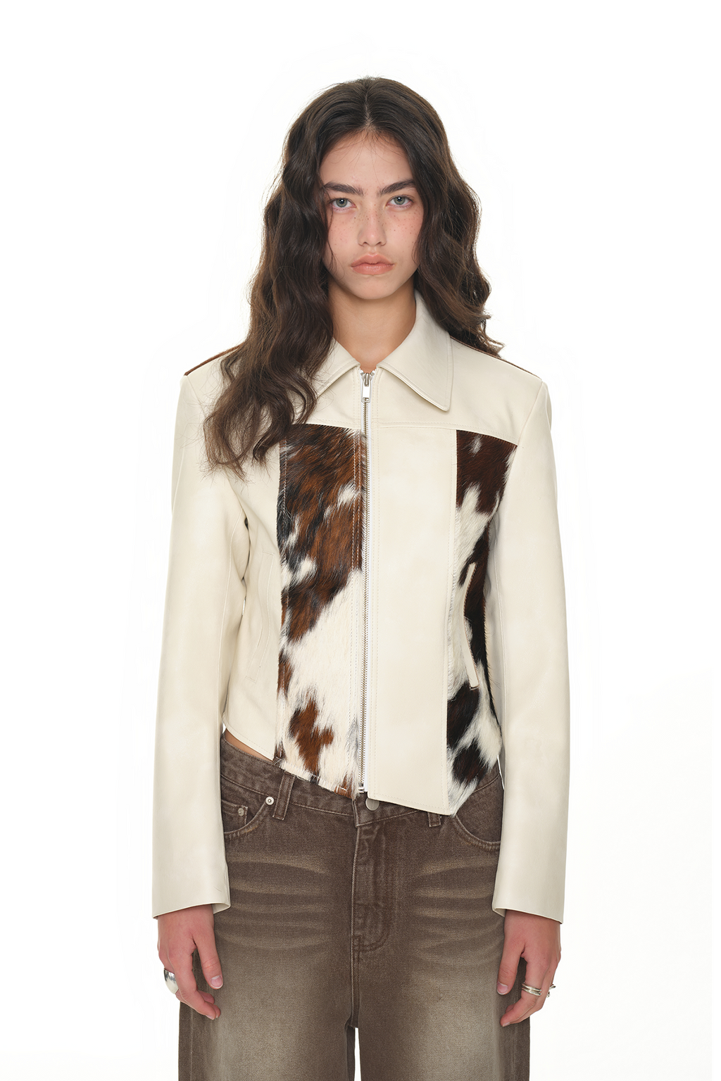 HAIRY LEATHER ASYMMETRIC JACKET (IVORY)