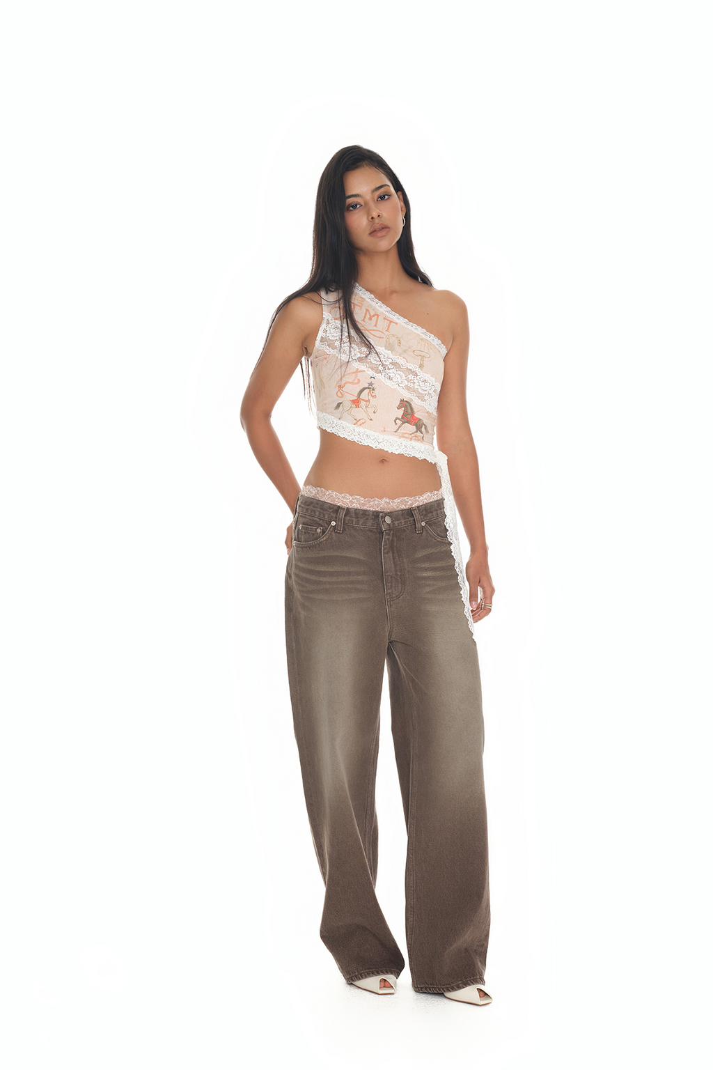 LACE PANEL ONE SHOULDER TOP (BEIGE)