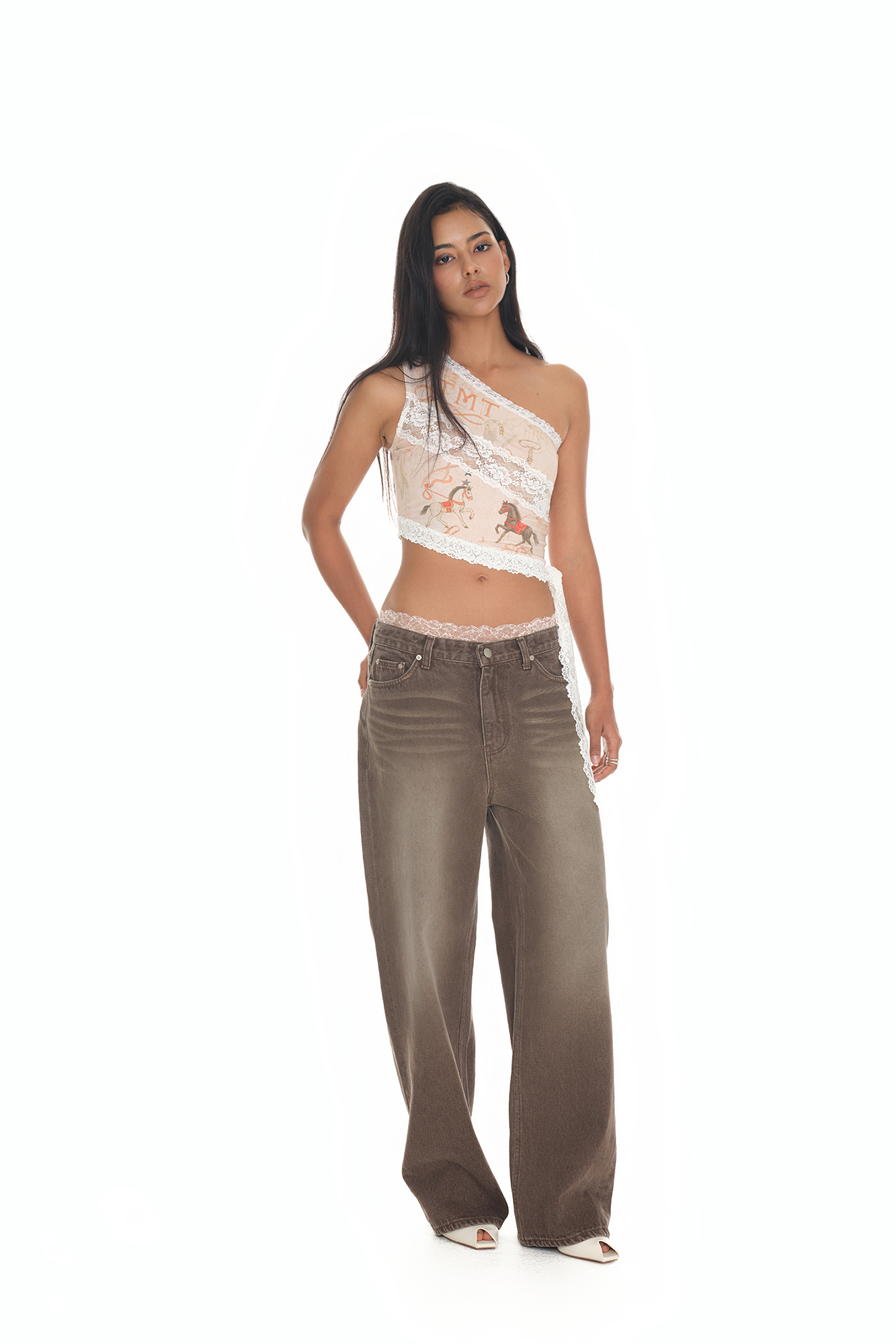 LACE PANEL ONE SHOULDER TOP (BEIGE)