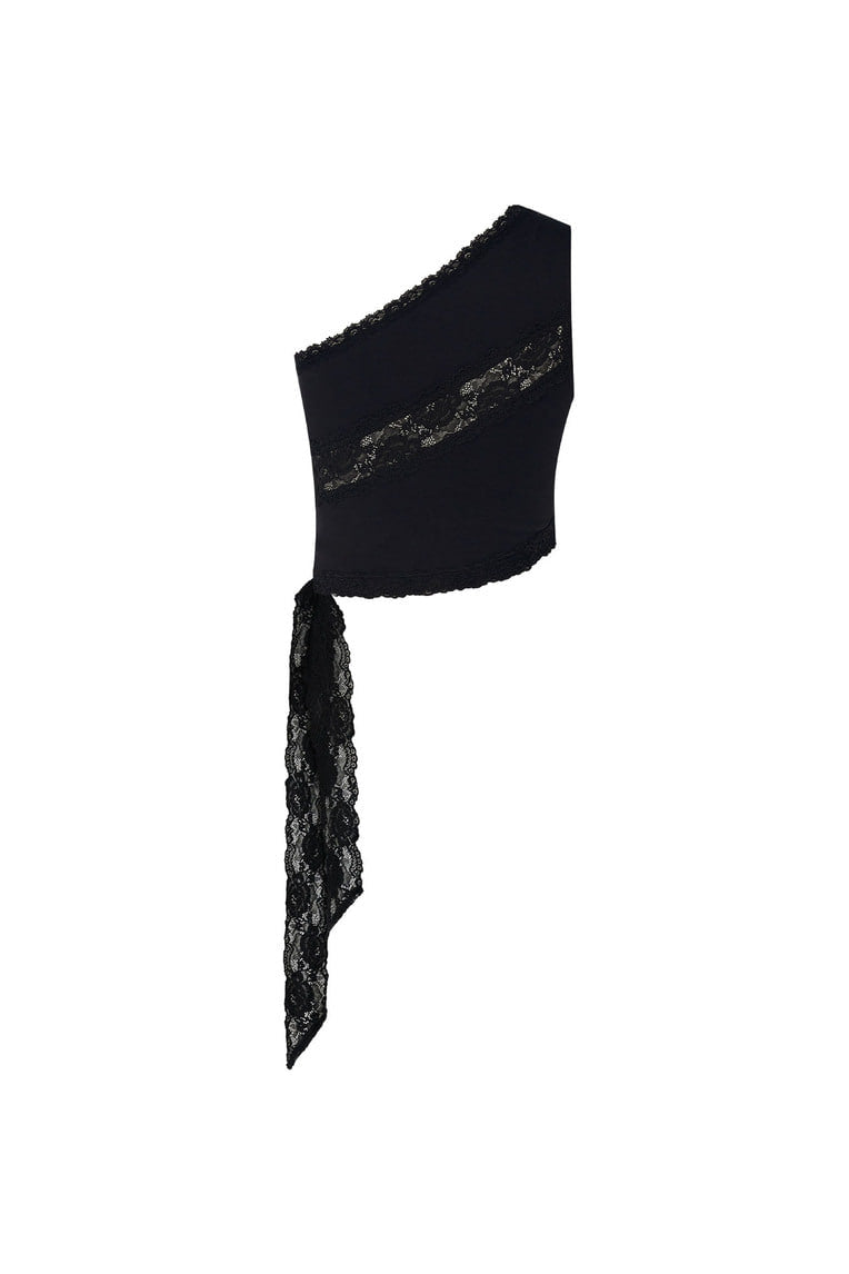 LACE PANEL ONE SHOULDER TOP (BLACK)
