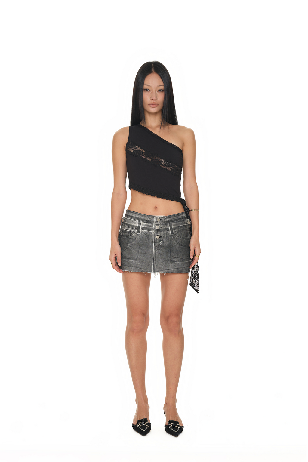 LACE PANEL ONE SHOULDER TOP (BLACK)