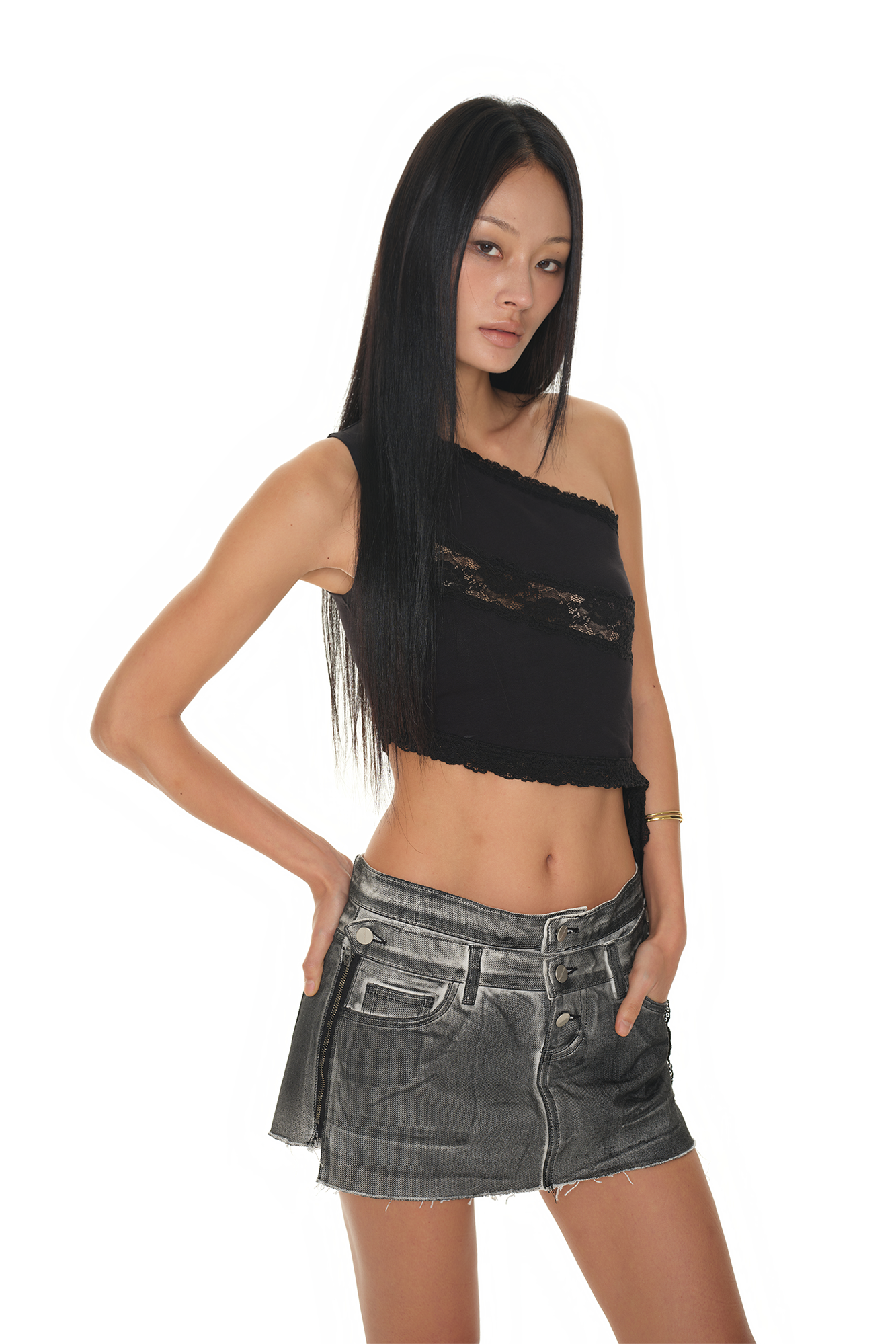 LACE PANEL ONE SHOULDER TOP (BLACK)