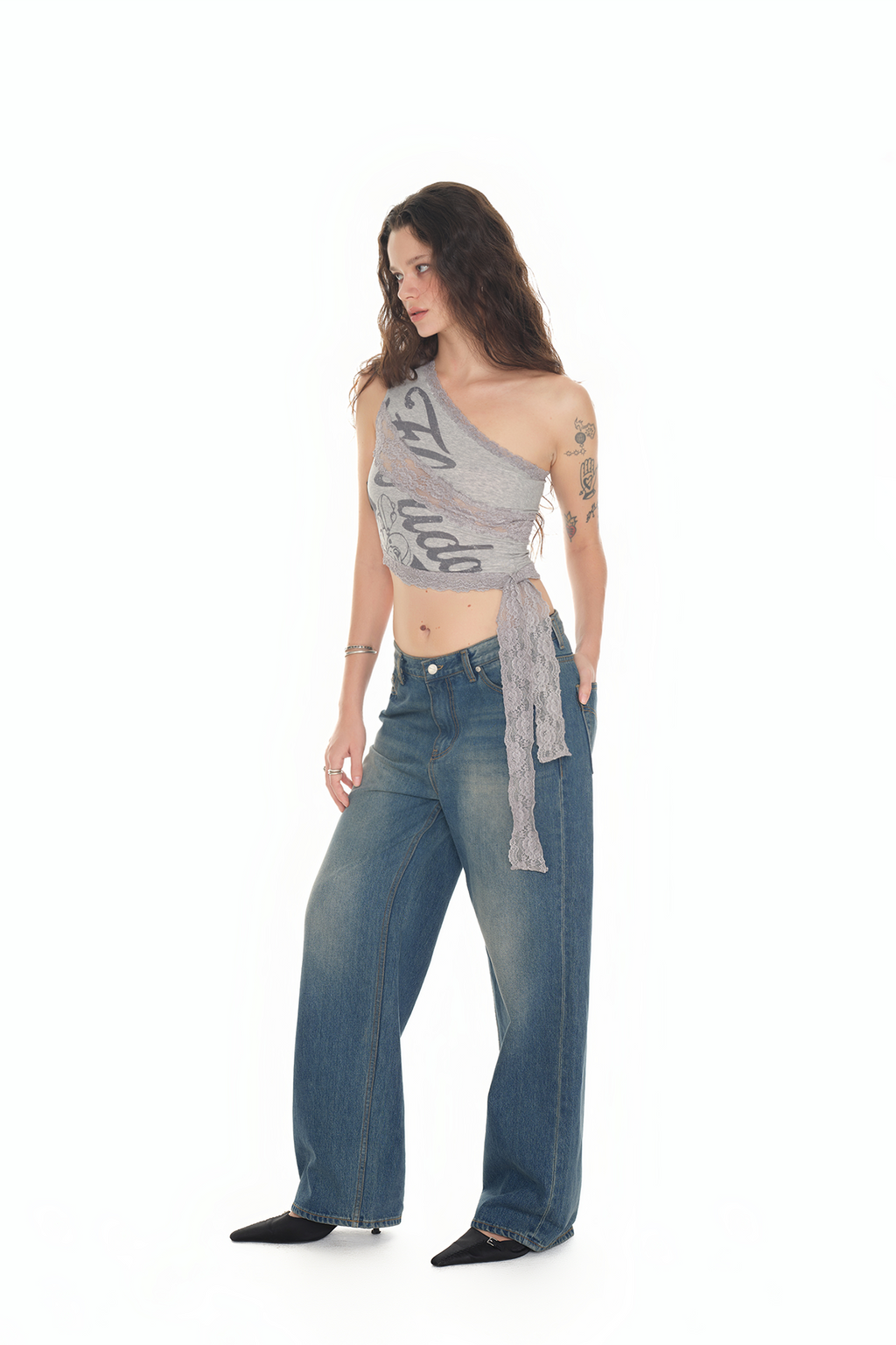 LACE PANEL ONE SHOULDER TOP (GREY)