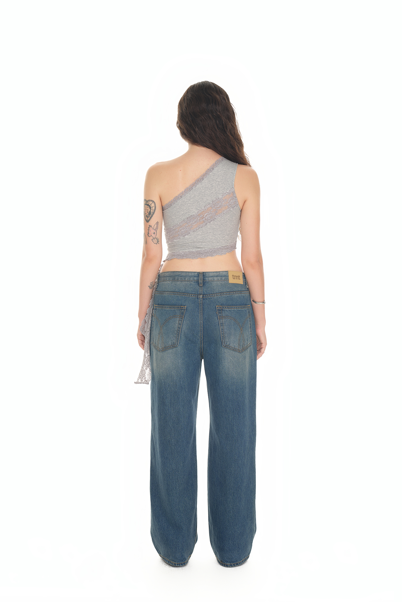 LACE PANEL ONE SHOULDER TOP (GREY)