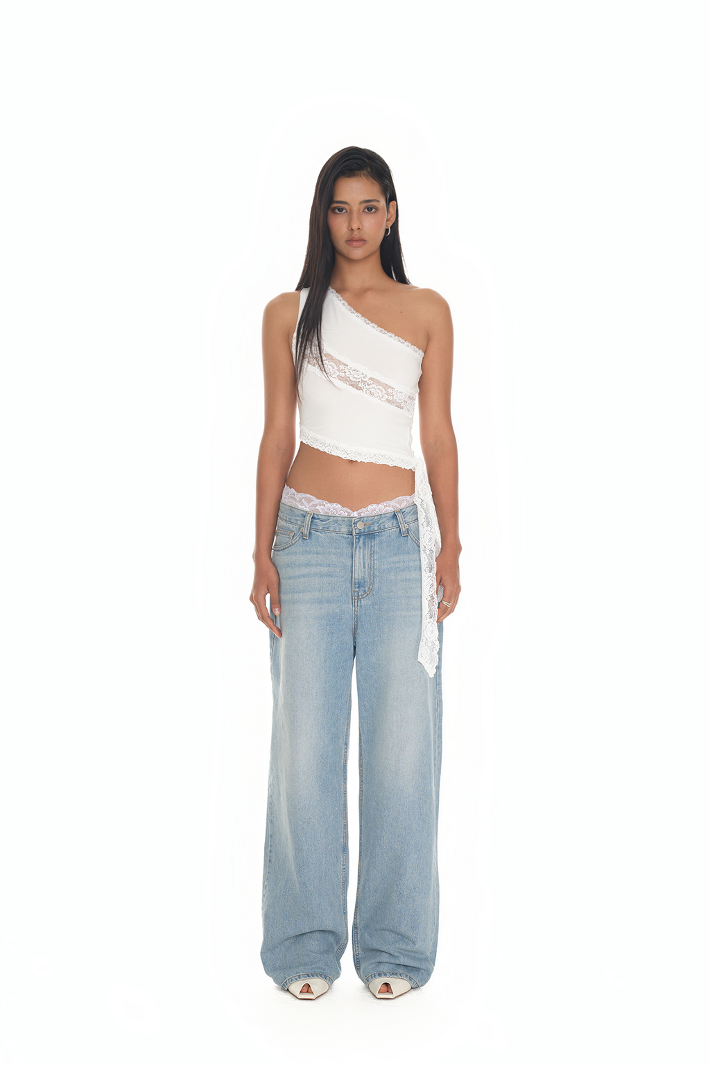 LACE PANEL ONE SHOULDER TOP (WHITE)