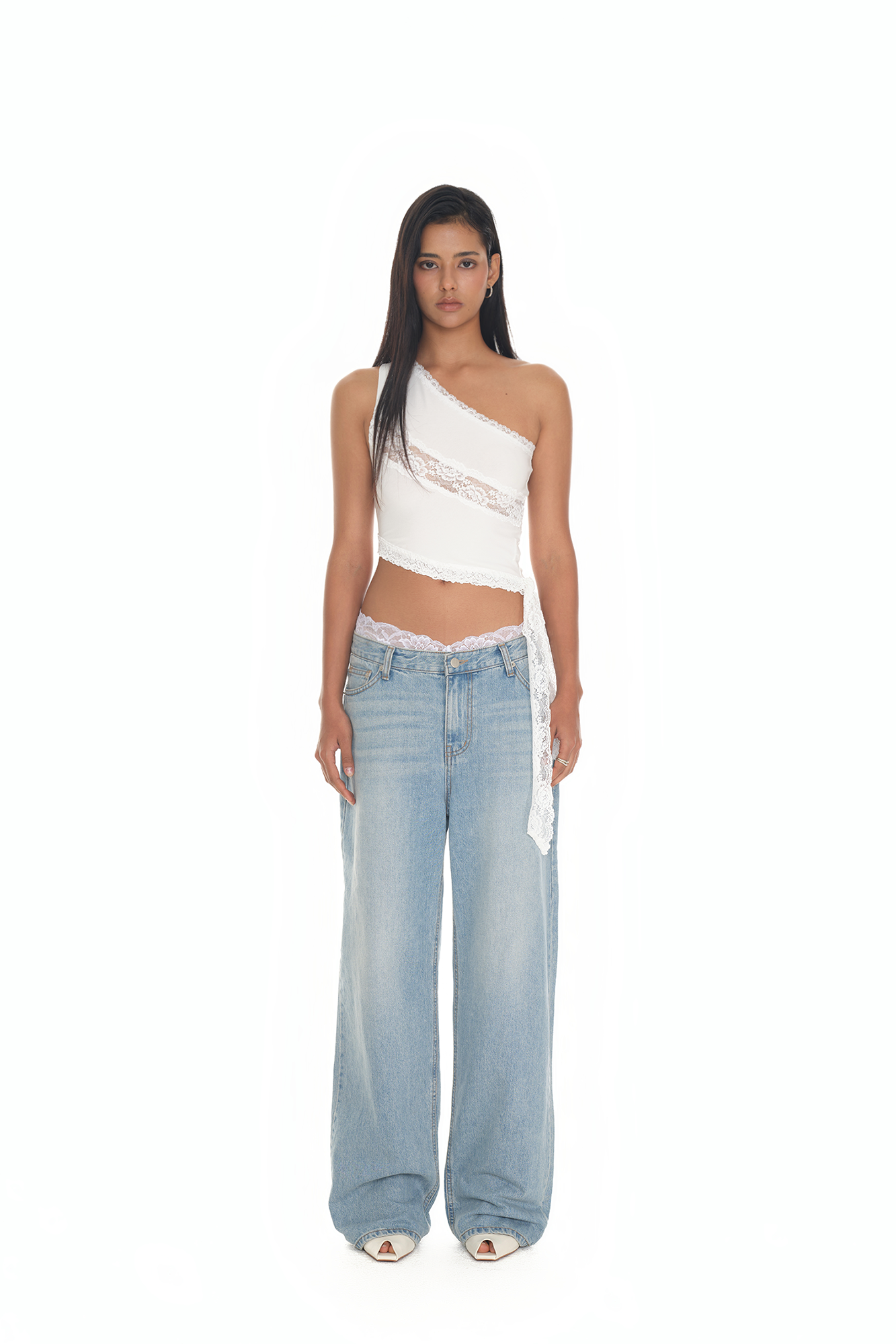 LACE PANEL ONE SHOULDER TOP (WHITE)