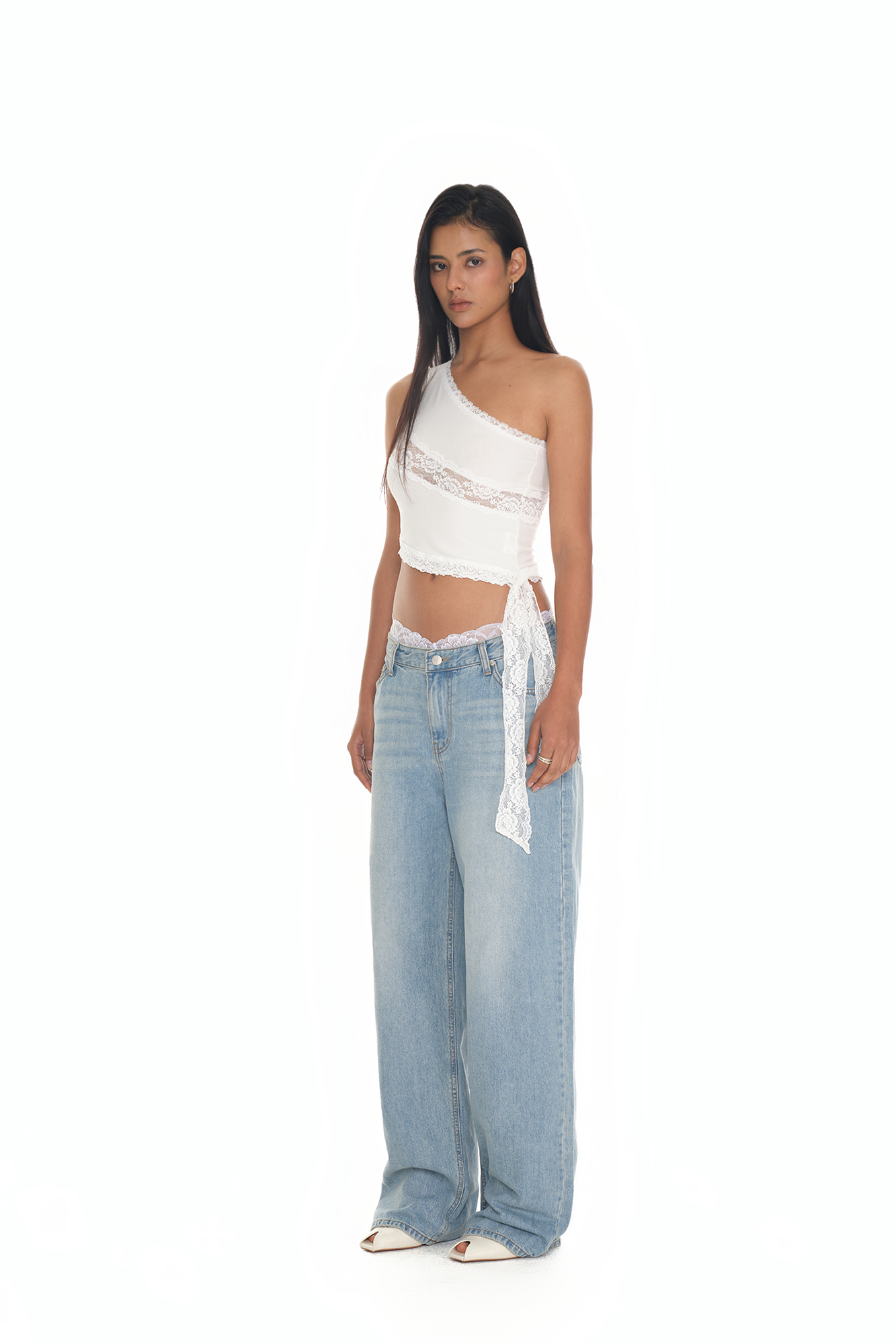 LACE PANEL ONE SHOULDER TOP (WHITE)