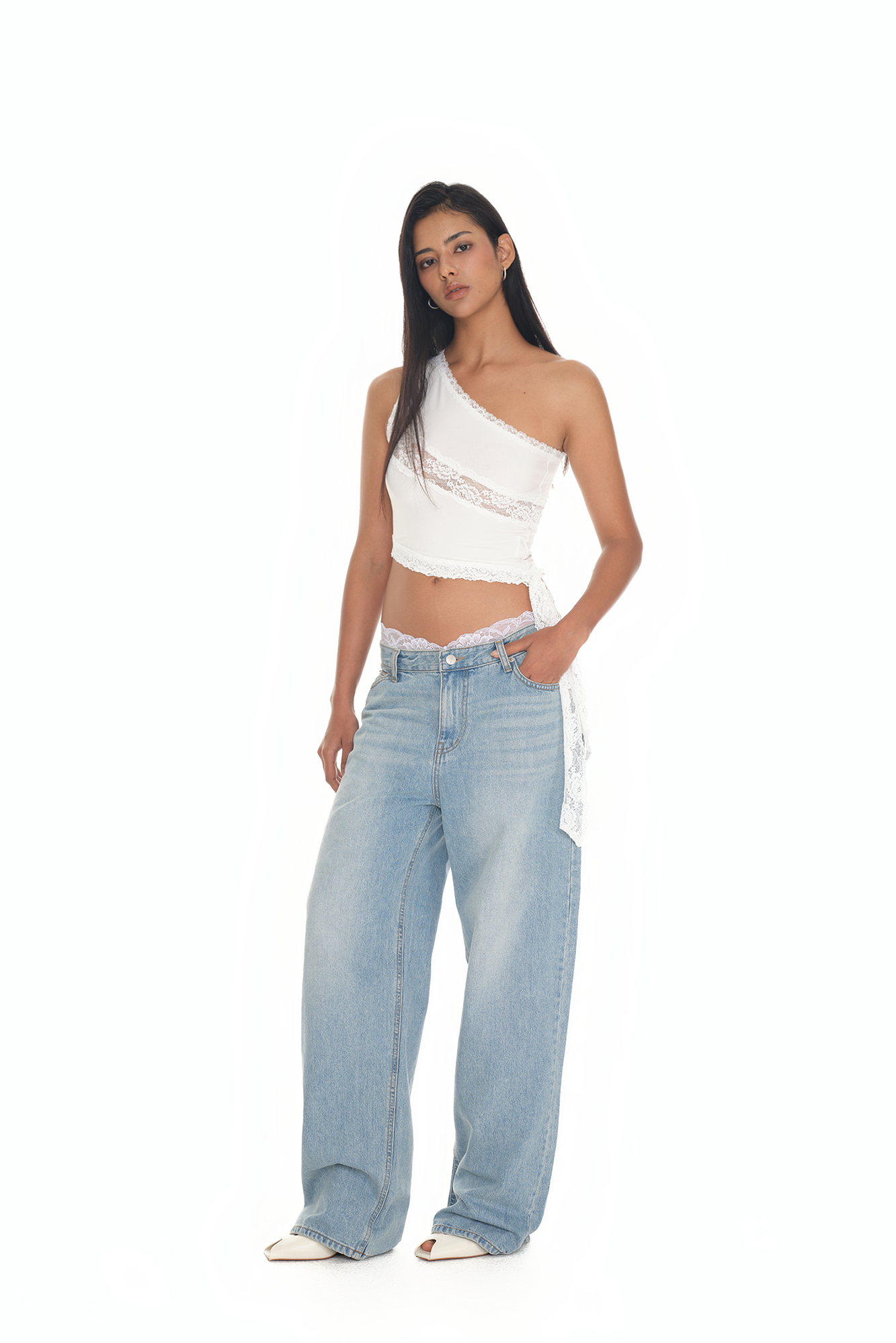 LACE PANEL ONE SHOULDER TOP (WHITE)